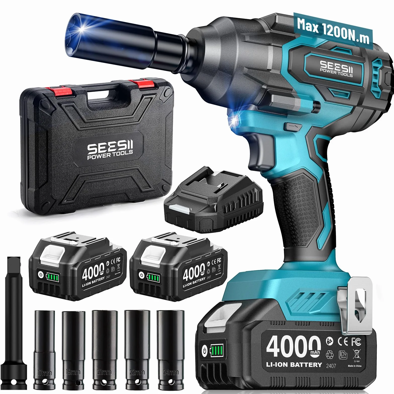 Seesii 1200 N·m Avvitatore a Impulsi 1/2" Elettrico Brushless 2 Batterie 4000 mAh con 5 Bussole
