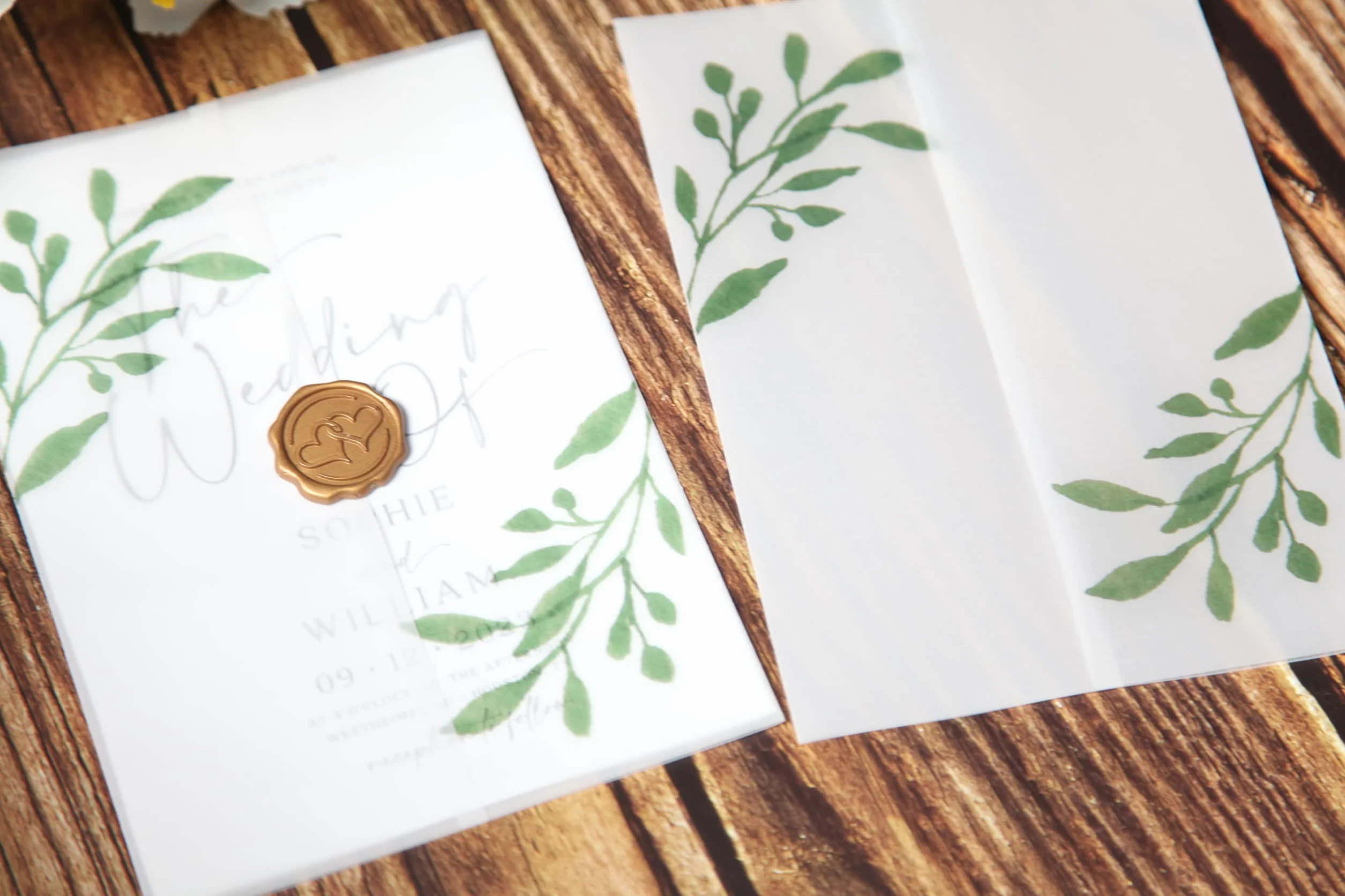 Puremigo Confezione da 50 giacche in pergamena pre-piegate con stampa verde eucalipto per inviti da 12,7 x 17,8 cm, carta pergamena da 105 g/m², giacche da 12,7 x 17,8 cm, buste per inviti di nozze in