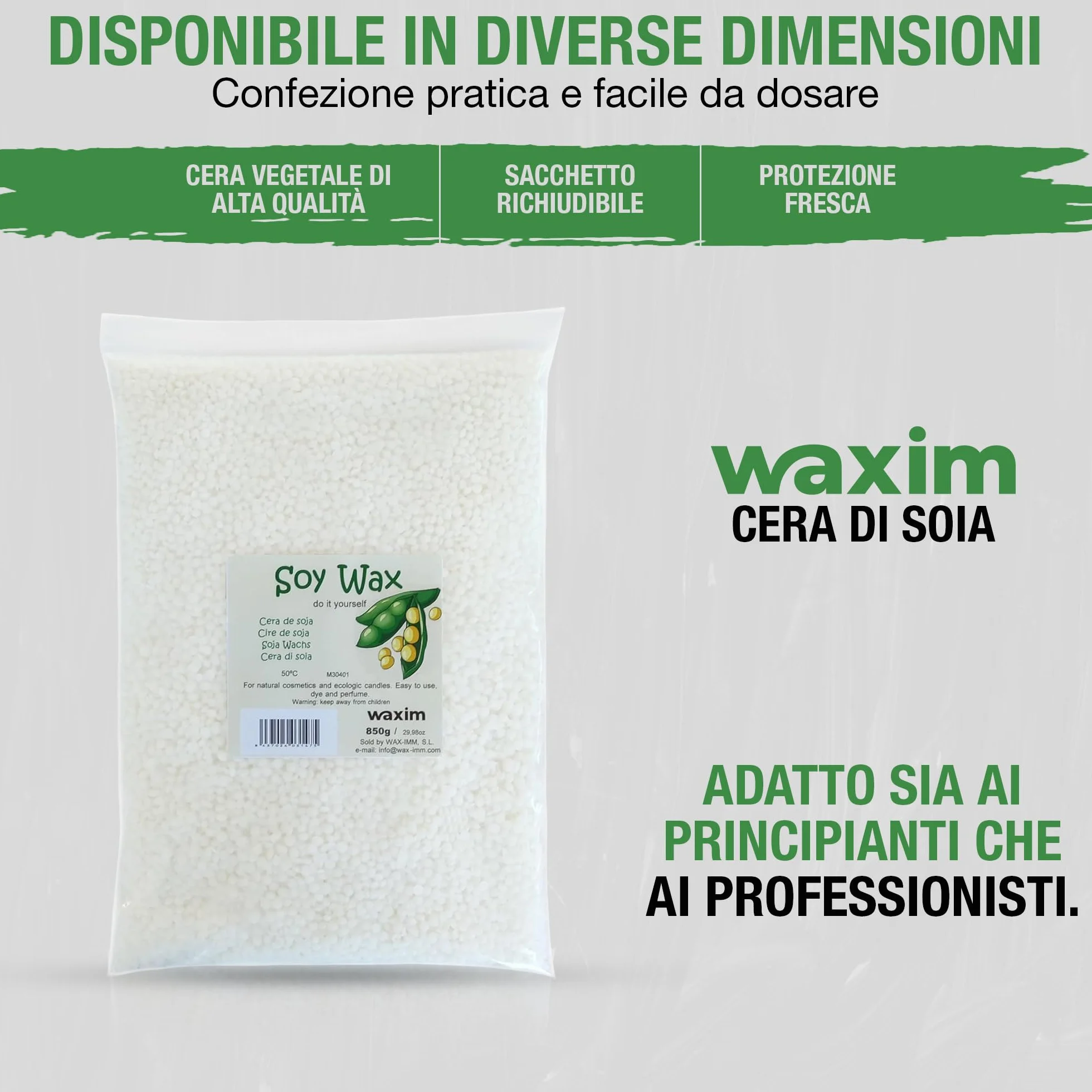 WAXIM Cera di Soia per Candele in Perle | Soy Wax Naturale per Fare Candele Fai da Te 850 g | Base Vegetale per Contenitori | Cera per Candele Fai da Te, Fusione Uniforme e Combustione Pulita