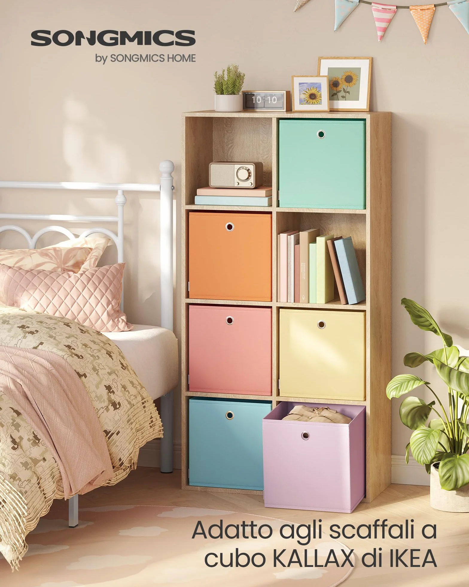 SONGMICS Set di 6 Contenitori in Tessuto Pieghevoli 33x33x33 cm per Armadi a Cubo Organizer Colorati