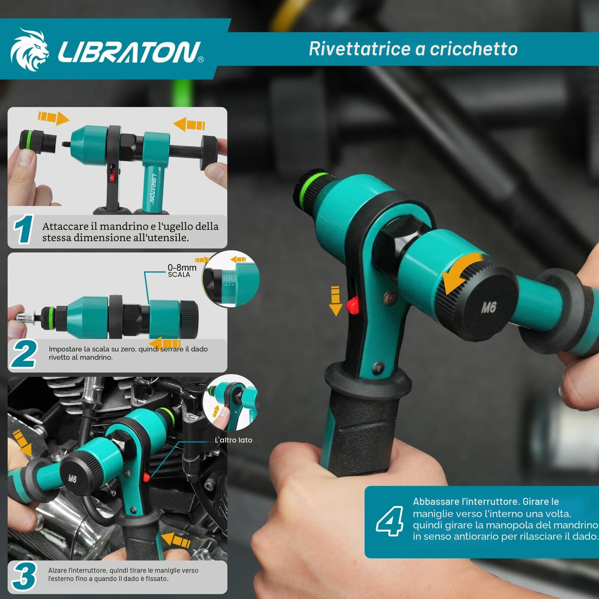 LIBRATON Rivettatrice per Inserti Filettati Manuale a Cricchetto con 5 Mandrini, 5 Ugelli, 50 Rivetti Dadi