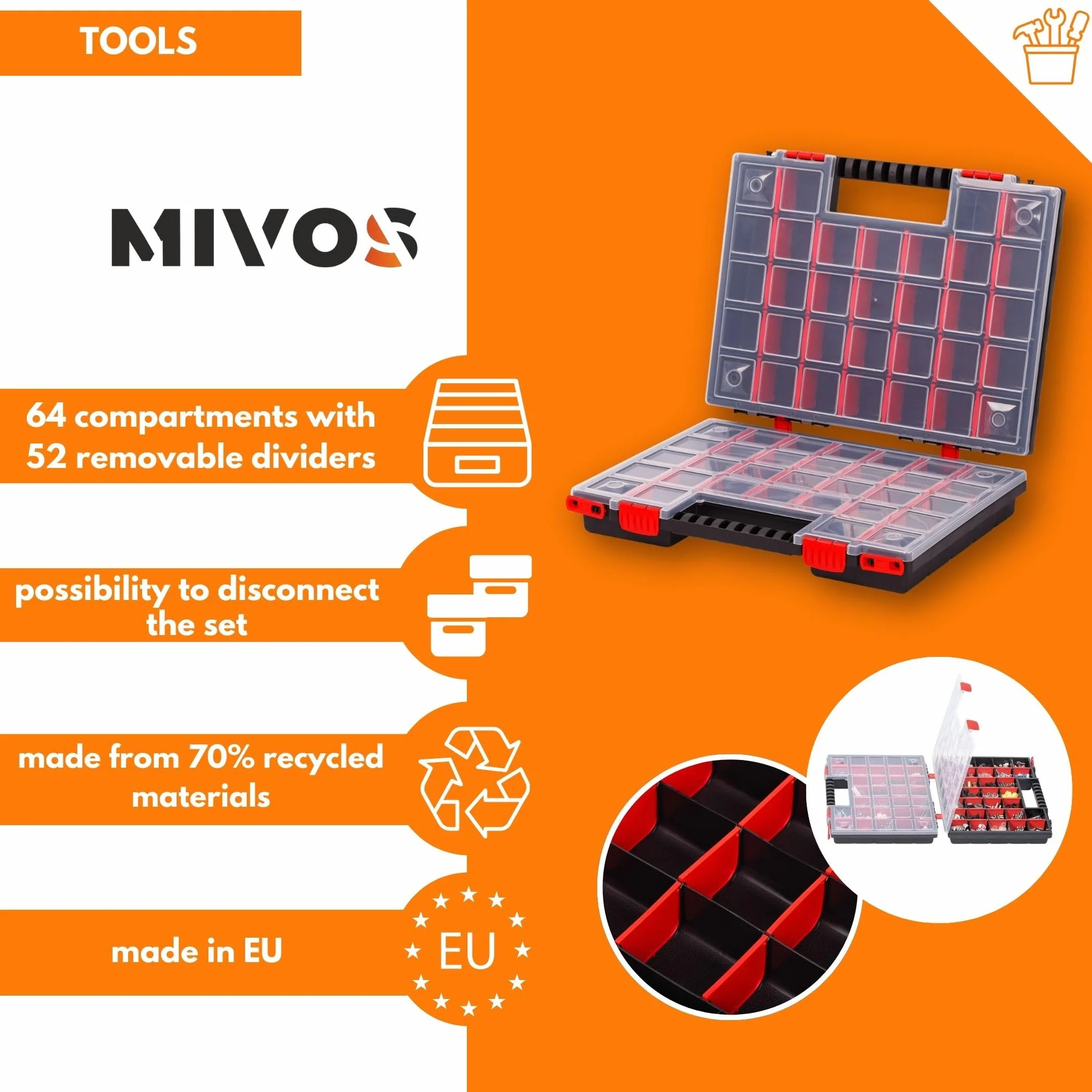 Mivos Scatola di assortimento su entrambi i lati, 399 x 303 x 100 mm, 2 lati, con 64 scomparti regolabili, per viti, per accessori, robusta cassetta degli attrezzi per officina - Made in EU