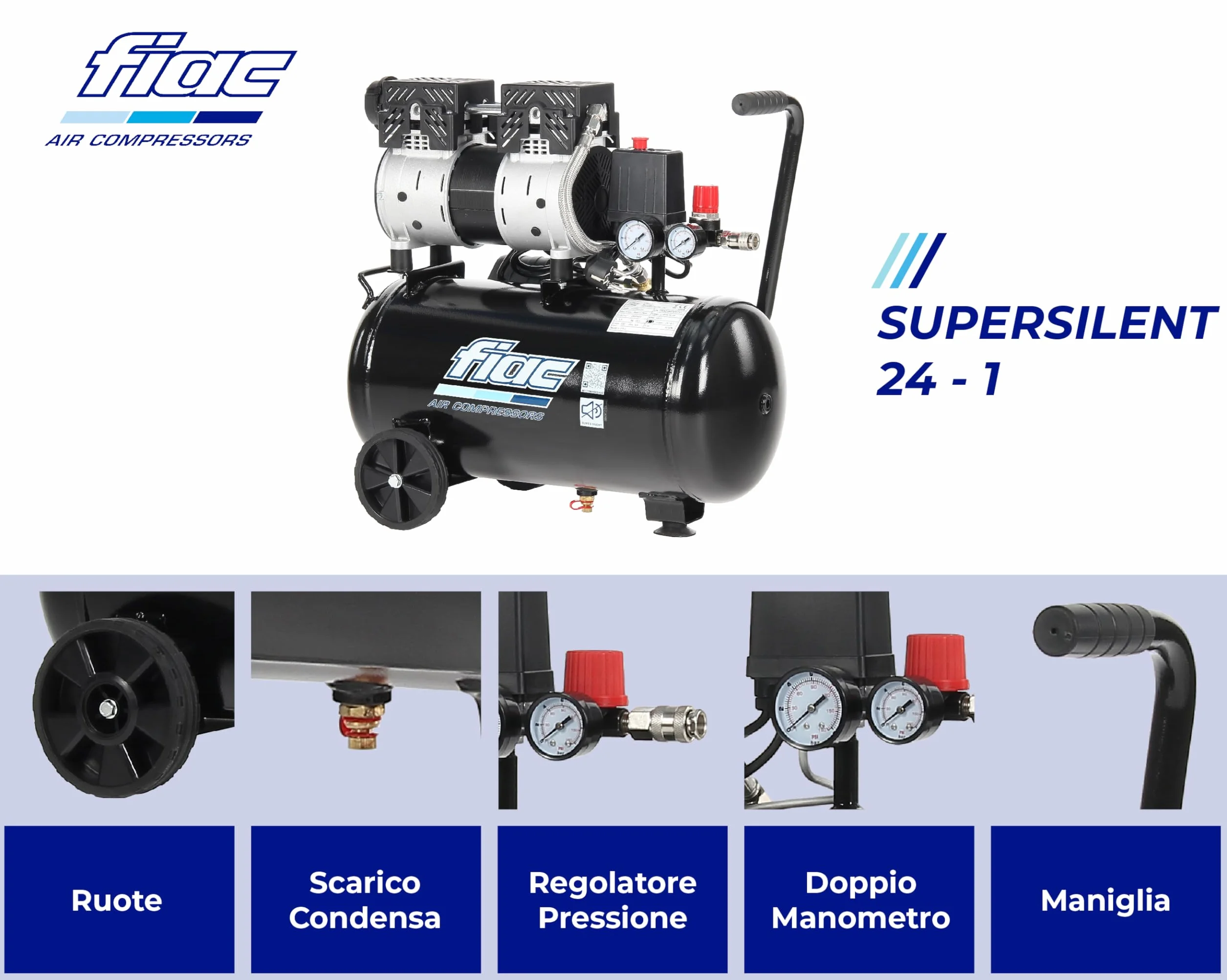 FIAC Compressore d'Aria Mobile Silenzioso SUPERSILENT 24, Compressore Aria Senza Olio, Pressione Massima 8 Bar, Potenza 1 CV, Serbatoio 24 Litri, Rumorosità 58 dB LpA