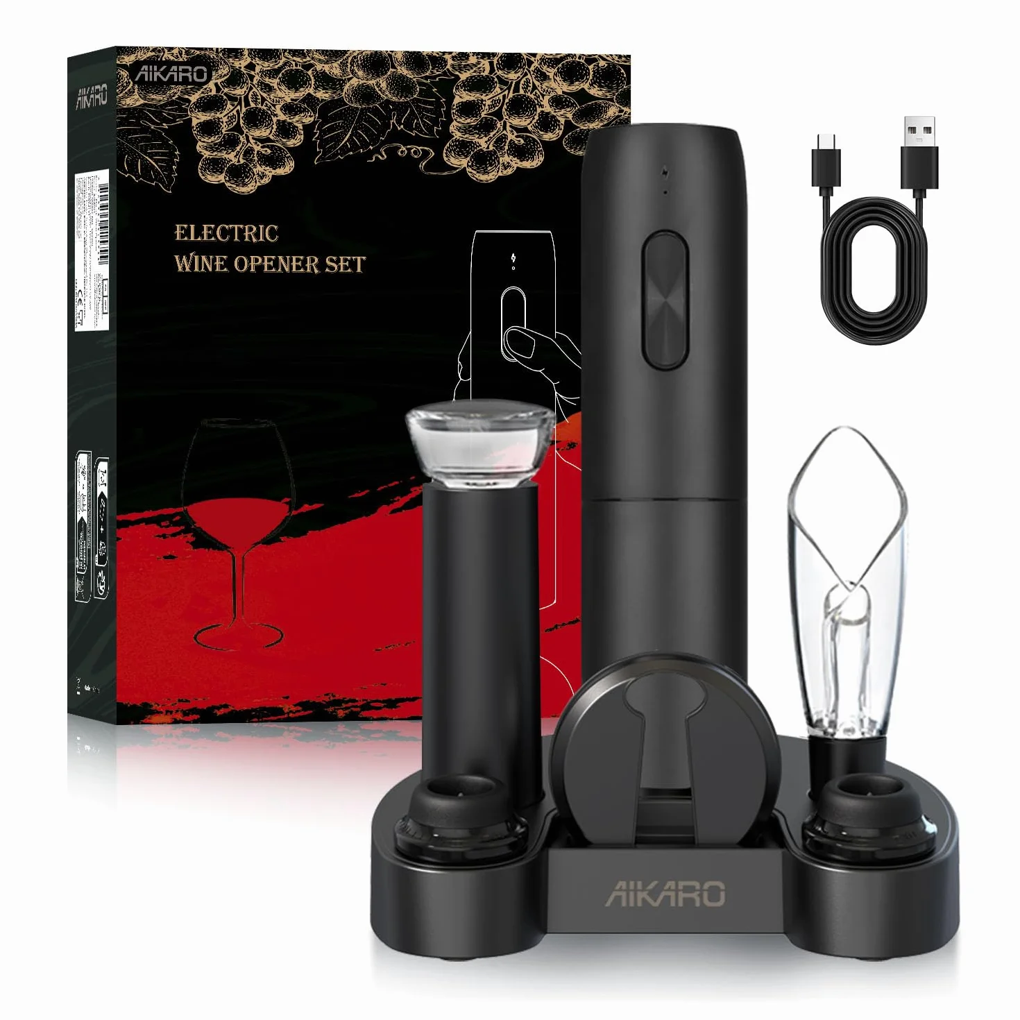 AIKARO - Cavatappi Elettrico Apribottiglie Elettronica Automatico per Vino, Ricaricabile (Set C)