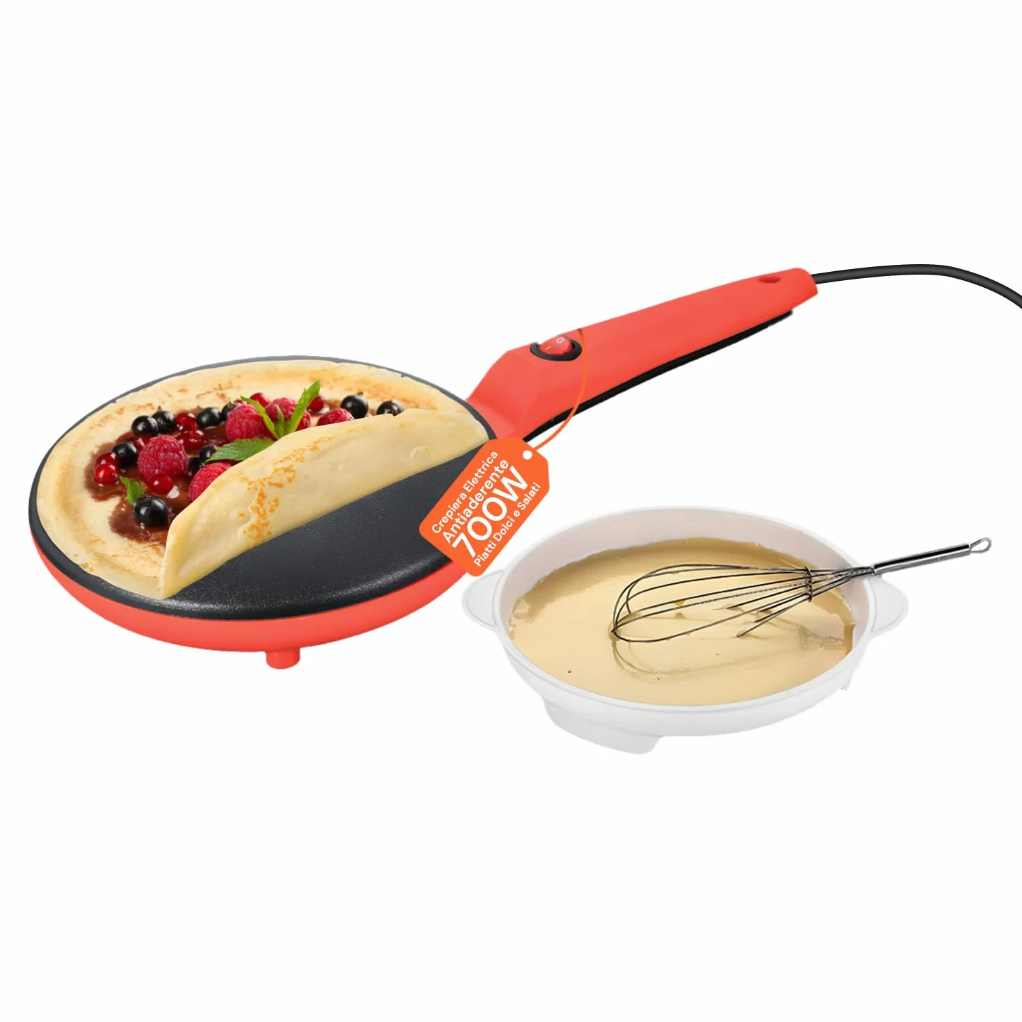Wintem Yummi Crepiera Elettrica ad Immersione 600W - Set Completo con Ciotola e Frusta - Piastra Antiaderente Ø 20 cm - Macchina per Crepes Sottili, Pancake e Tortillas - Facile da Pulire - Rossa