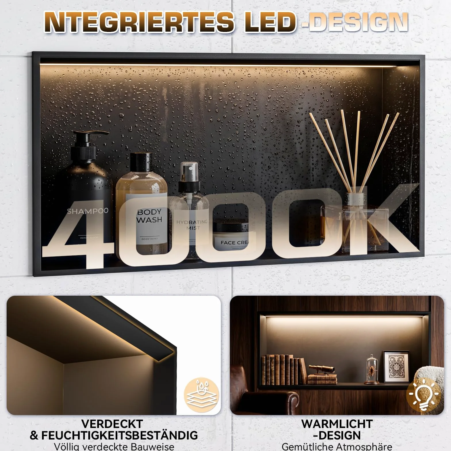 Doccia da parete, 60 x 30 cm, in acciaio inox 304, con illuminazione a LED e trasformatore, impermeabile, mensola singola per bagno e decorazione
