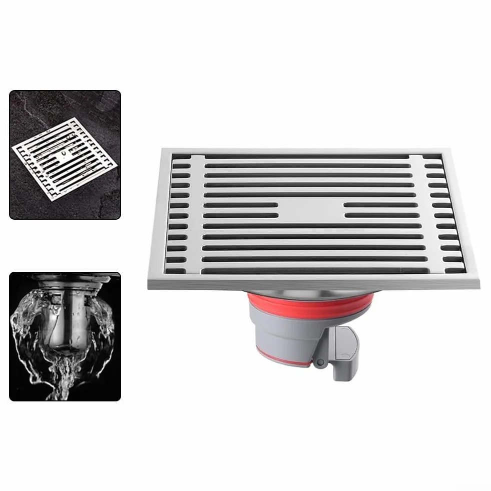 Scarico a pavimento in acciaio inox 15x15 cm anti-doccia con cestello filtro rimovibile
