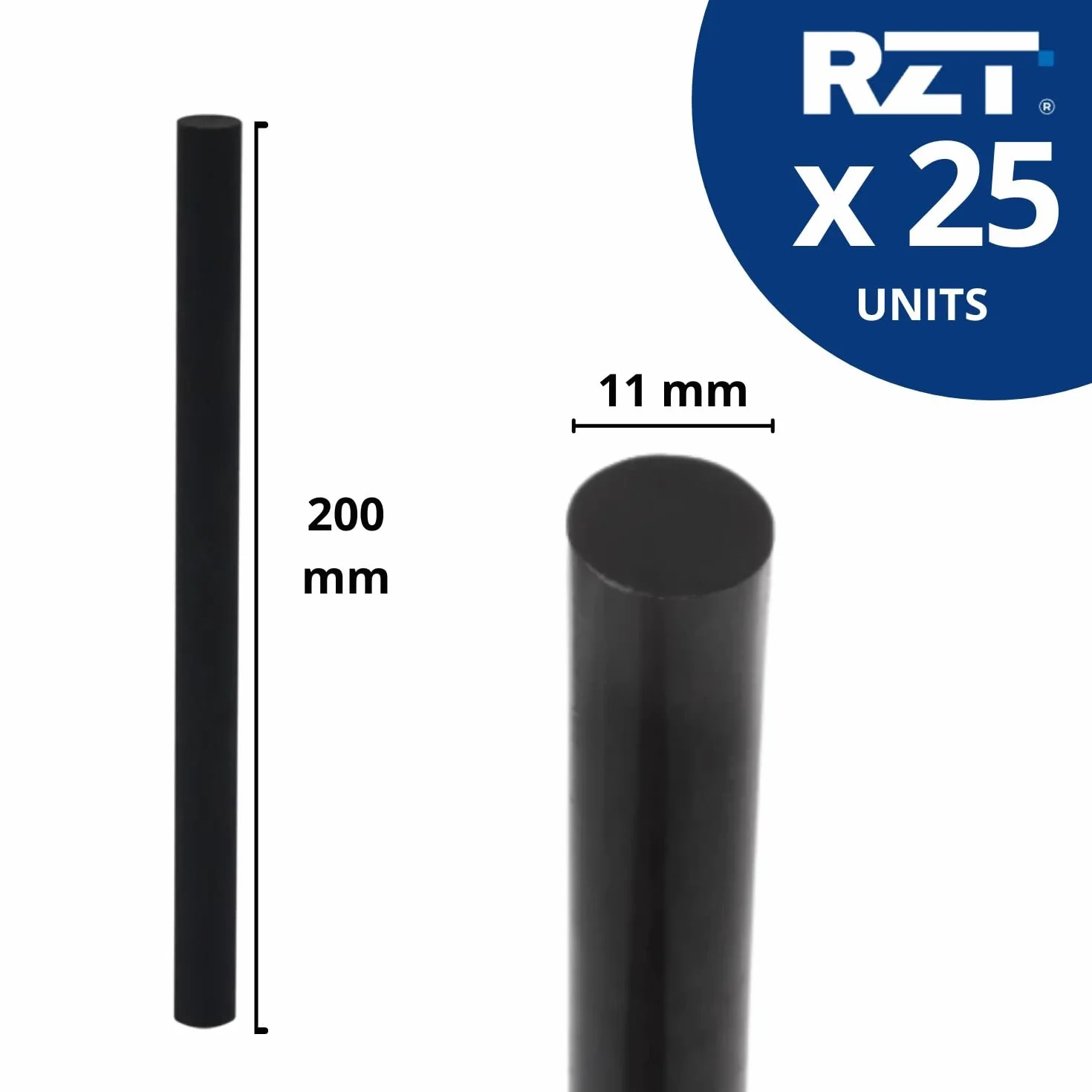 RZT - Colla a Caldo in Stick Nera 11mm, Bastoncini di Colla per Pistola Colla a Caldo - Alta Qualità e Viscosità –per l'Artigianato, il Fai da Te - Colla Nera (11MM x 200MM) (25 Pezzi)