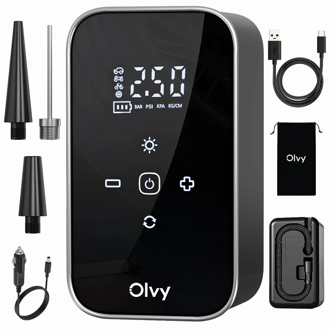 Olvy Compressore d'aria portatile senza fili 12V 6000 mAh Display digitale Luce LED