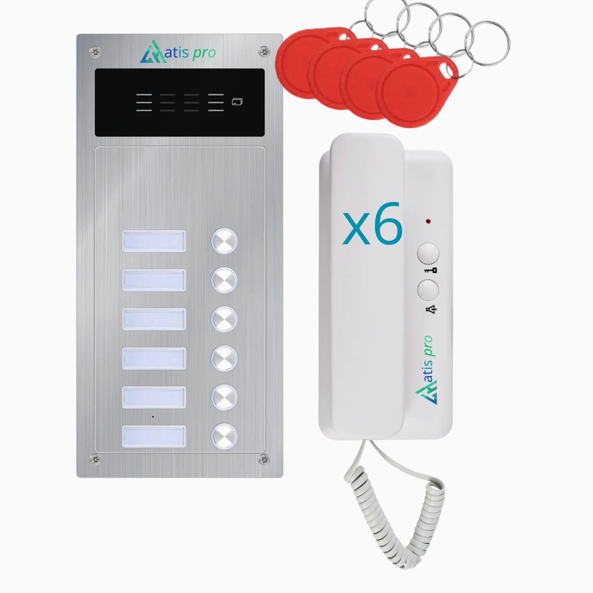 Kit citofono audio 2 fili per 6 appartamenti – Citofono collettivo antivandalo con lettore RFID – Kit completo con alimentatore e cornetti – Installazione da incasso o a parete – Facile da installare