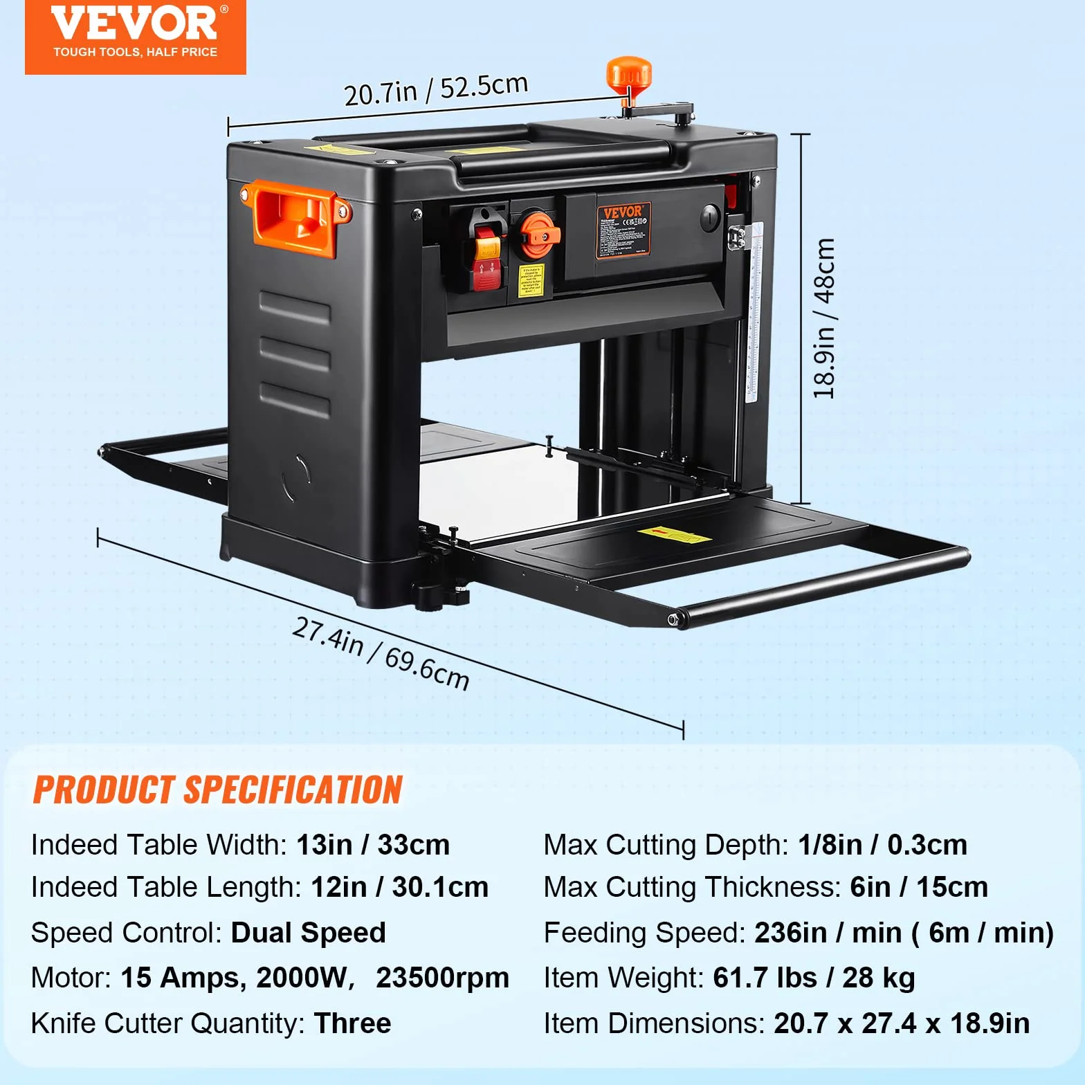 VEVOR Pialla a Spessore 2000W per Legno Altezza Regolabile Lama Acciaio al Carbonio, Pialla Filo Spessore da 15A Velocità 23500 giri/min Larghezza max. 33 cm per Lavorazione di Legno da Falegnameria