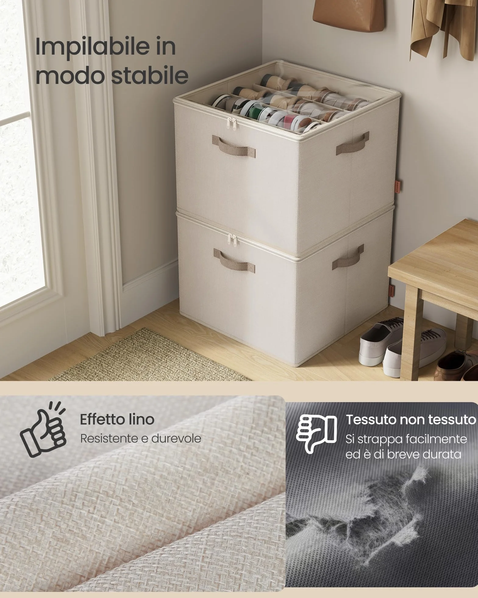 SONGMICS Organizer Scarpe, Ciascuno per Fino a 16 Paia, Scatole Contenitori Scarpe, Divisori Regolabili, Impilabile, Coperchio Trasparente, per Armadio, Set di 2, Beige Cappuccino LSP622LH01