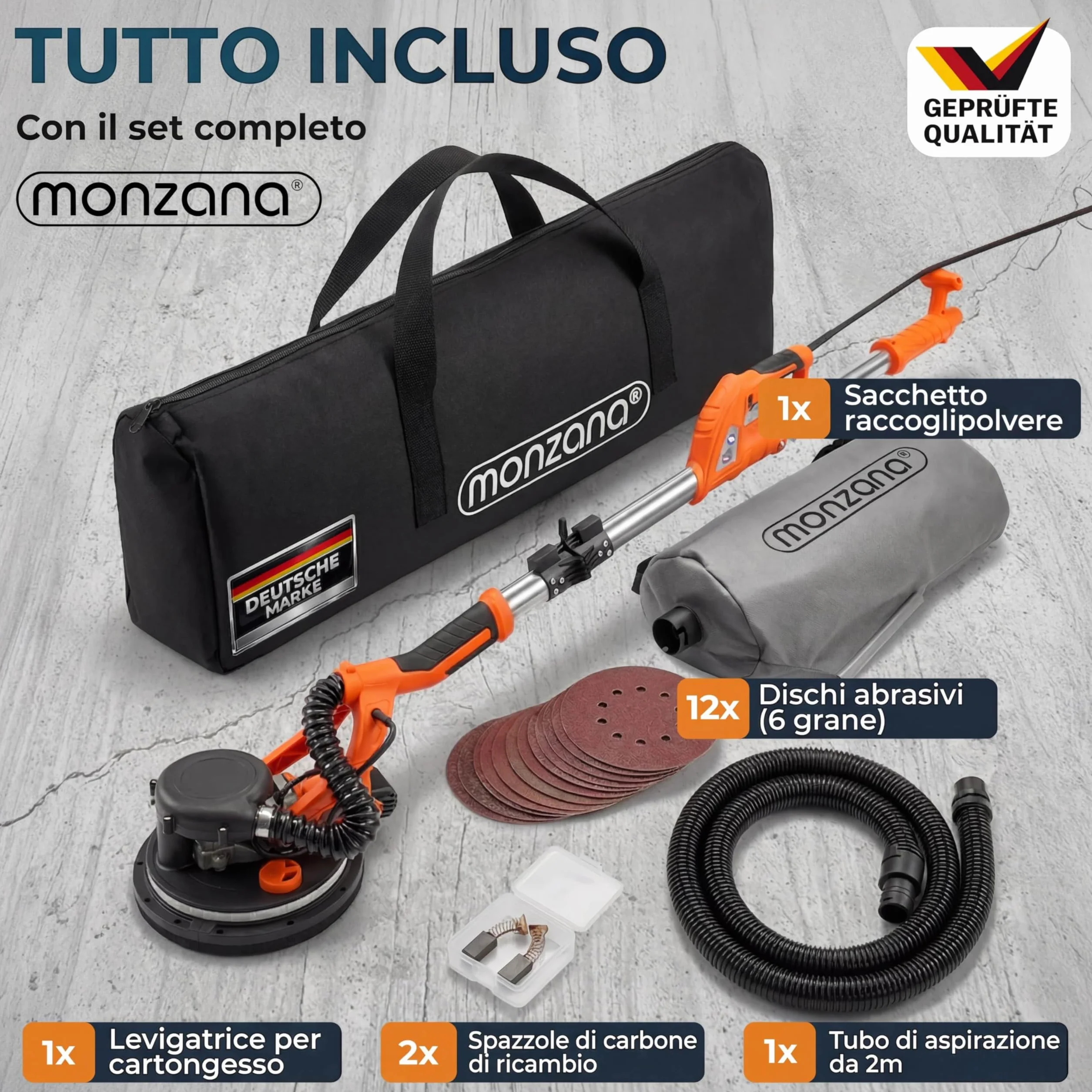 MONZANA Levigatrice Muro 750W Telescopica Cartongesso Giraffa 12 Dischi Abrasivi