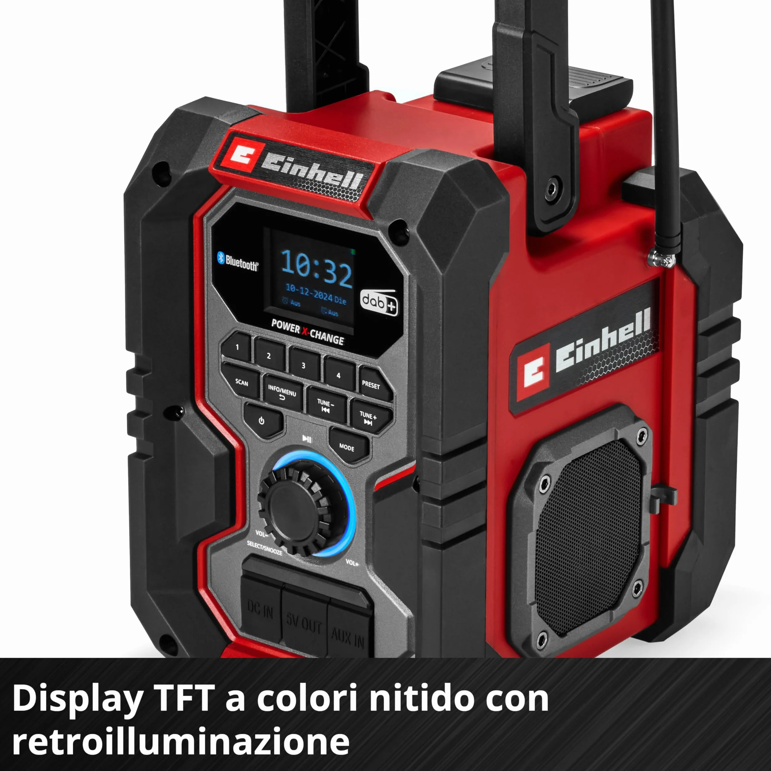 Radio da cantiere Einhell TE-CR 18 Li DAB+/FM/BT - Solo Power X-Change (18 V, DAB+, FM, Bluetooth, AUX, USB, ricerca automatica dei canali, display TFT a colori, IP65, senza batteria)