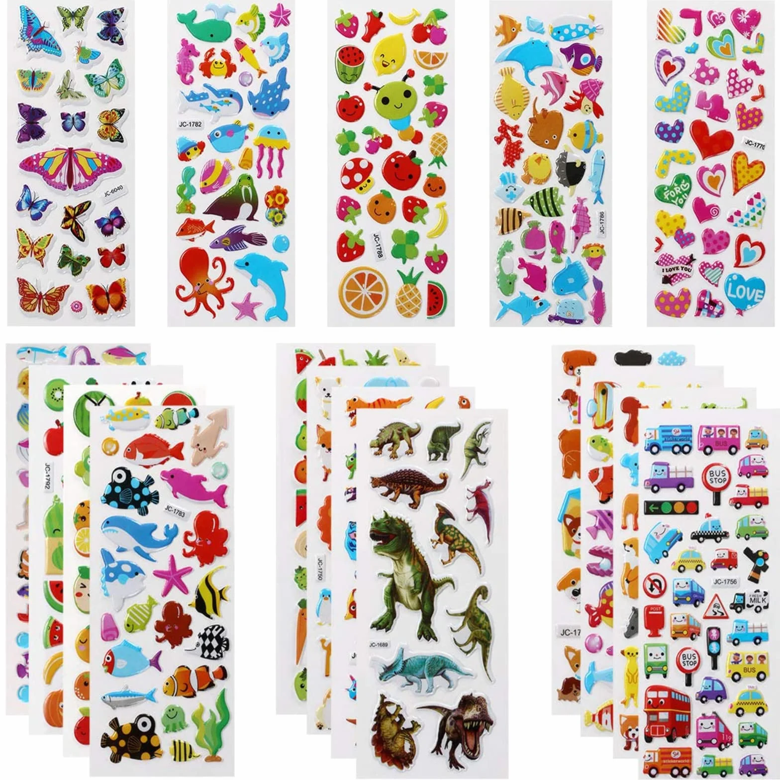 Vicloon Adesivi 550+ Adesivi 3D, Puffy Adesivis per Regali Gratificanti Scrapbooking Inclusi Animali, Pesci, Dinosauri, Numeri, Frutta, Camion, Aeroplani e Altro(22 Fogli)