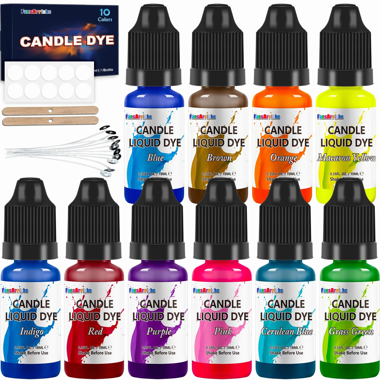 FansArriche Coloranti per Candele, 10 colori colorante per candele fai da te, Colori a Cera per cera gel, paraffina, cera di soia, tintura di cera di candela, 10 ml