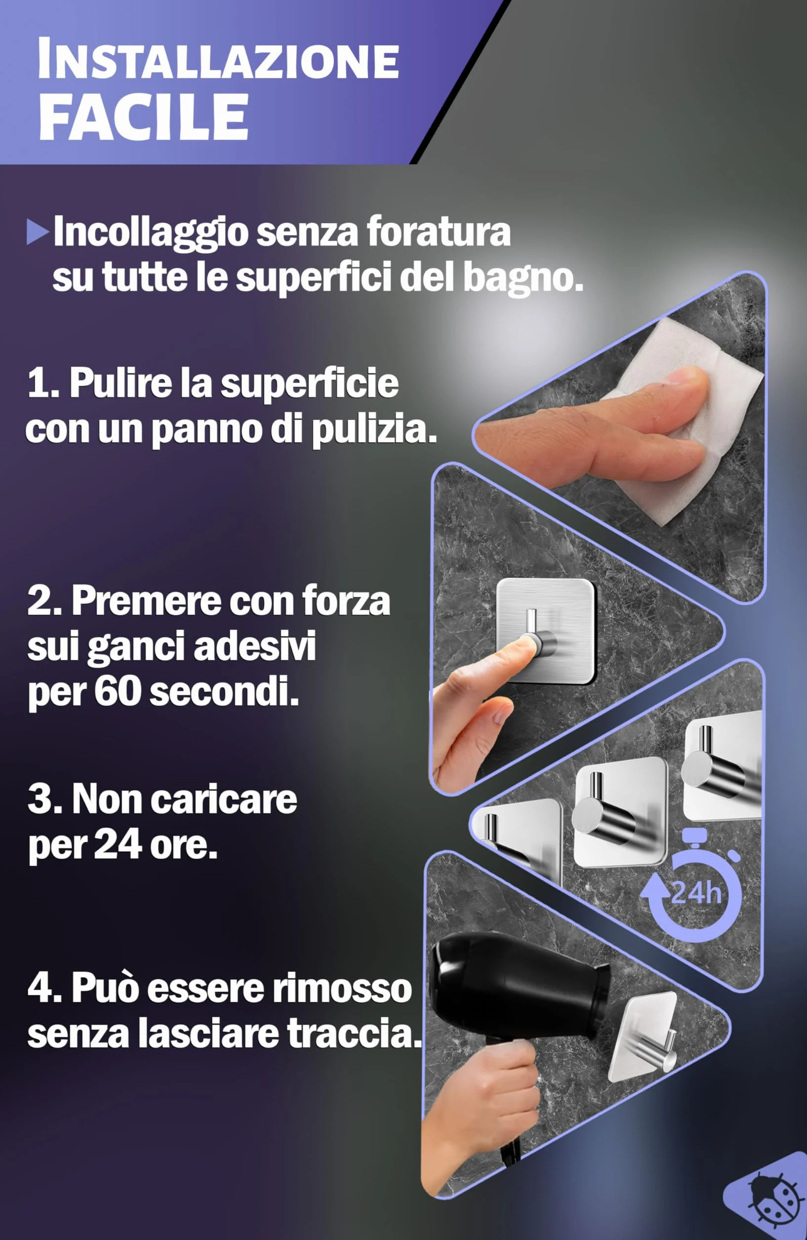 Menz Ganci Adesivi Bagno Set di 4 Acciaio Inox Impermeabili Argento