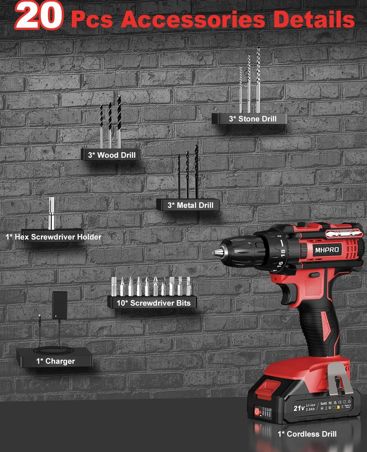 MHPRO Trapano Avvitatore Batteria 21V, Avvitatore a Batteria con Batterie 2.0Ah, 42Nm Avvitatore Elettrico, 18+1 Coppie, 2 Velocità, 22CS Accessori, LED Luce per Casa Progetto