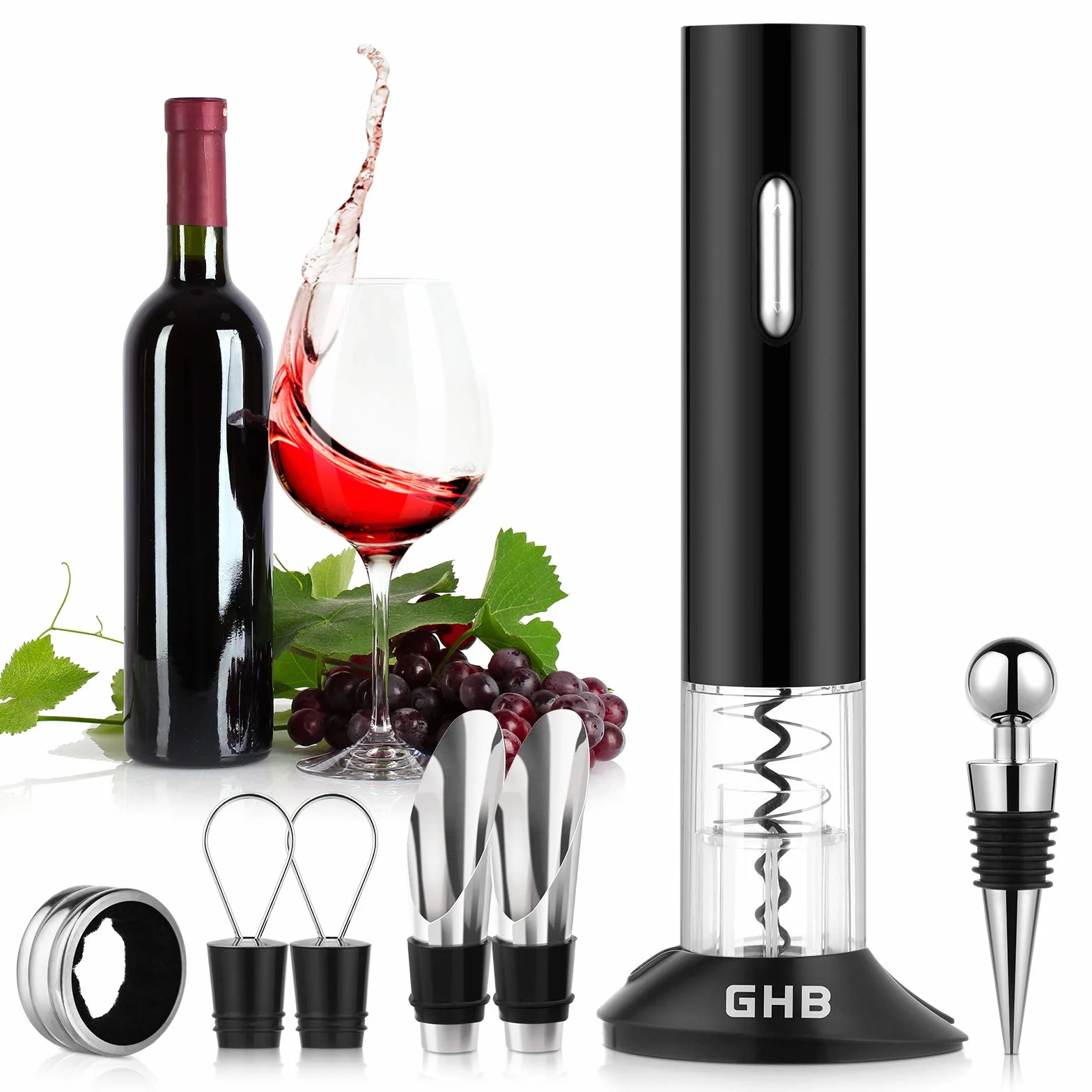 GHB Cavatappi Elettrico per Vino 8 in 1 Apribottiglie Elettrico con Base,Taglierina, Versatore,Tappo Regalo per Gli Amanti del Vino
