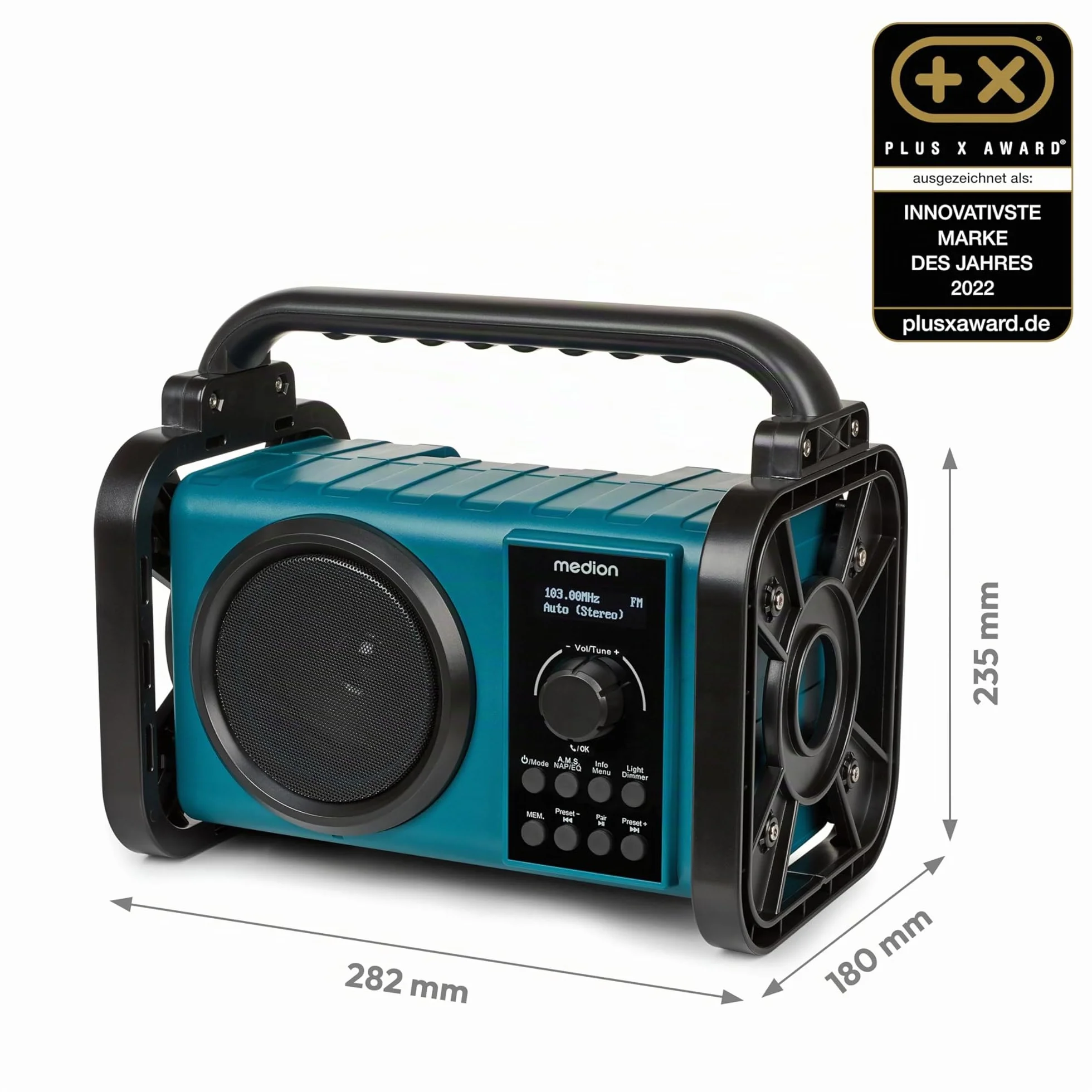 MEDION E66877 Radio da cantiere DAB+ (custodia robusta, resistente agli spruzzi (IP44), Bluetooth 5.0, radio FM PLL, luce di lavoro a LED, funzionamento a batteria e a rete) blu