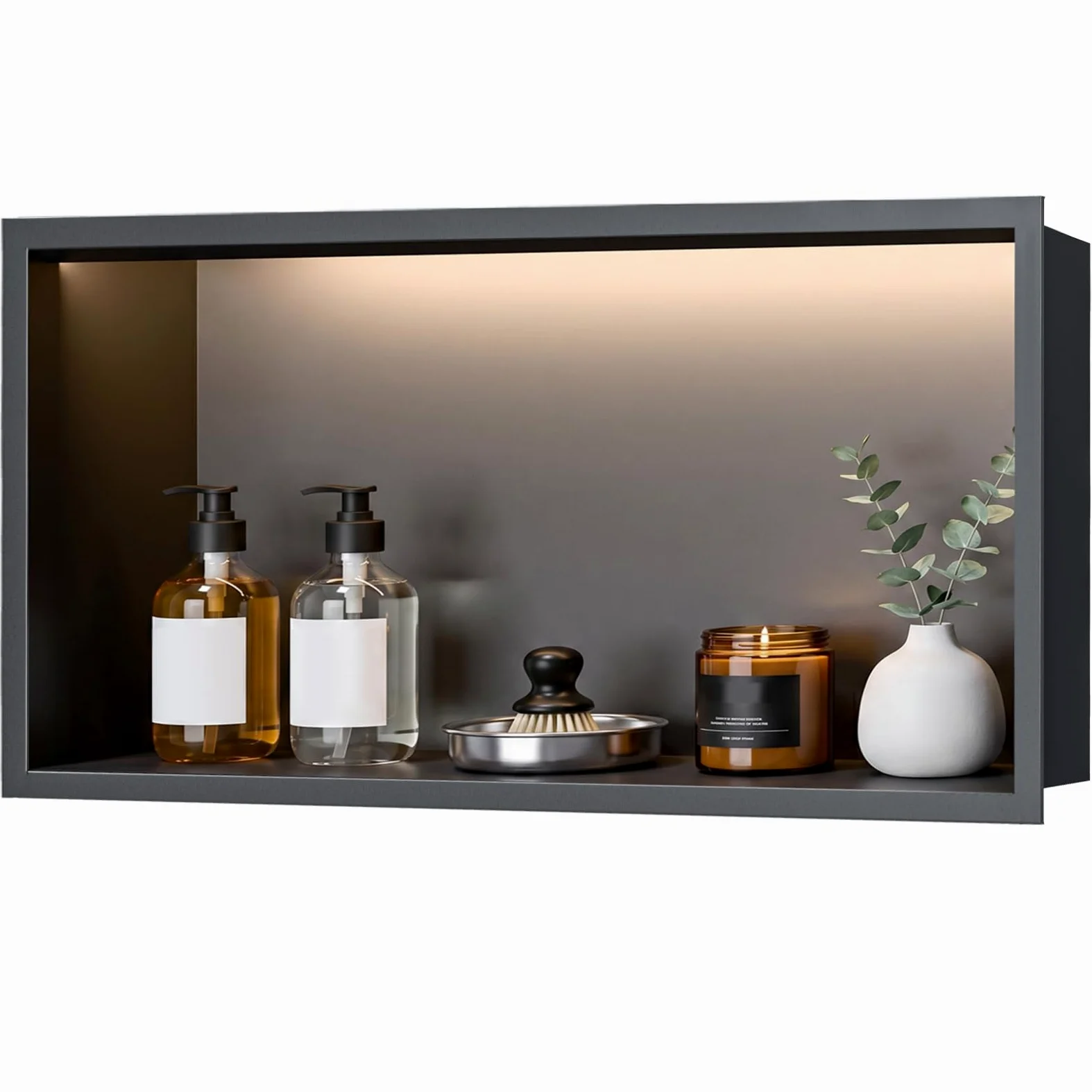 Doccia da parete, 60 x 30 cm, in acciaio inox 304, con illuminazione a LED e trasformatore, impermeabile, mensola singola per bagno e decorazione