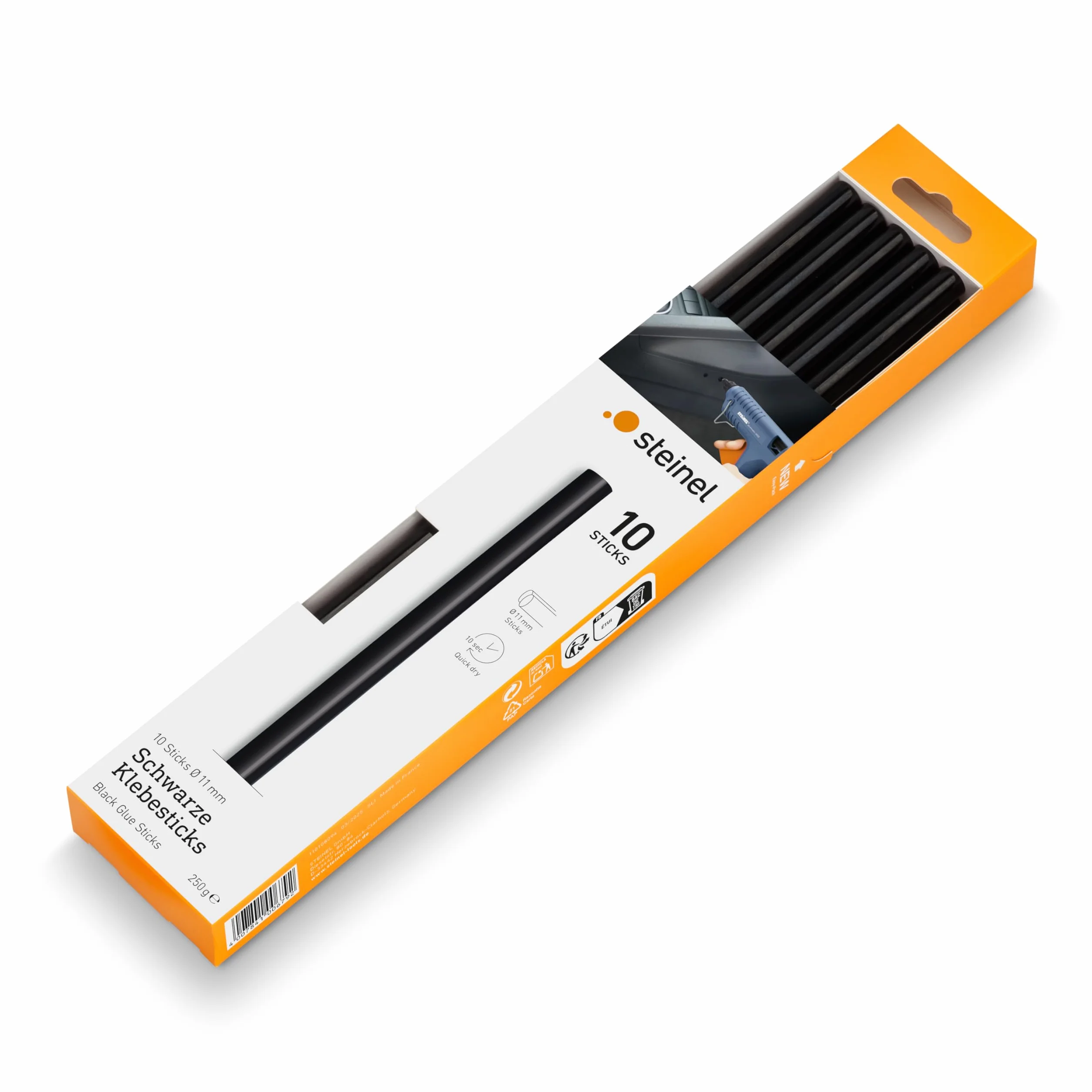 Steinel Stick di colla nera con diametro di 11mm, cartucce di colla a caldo lunghe 250 mm, collante universale nero per materiali scuri, confezione da 250 g, 10 pezzi, 006792