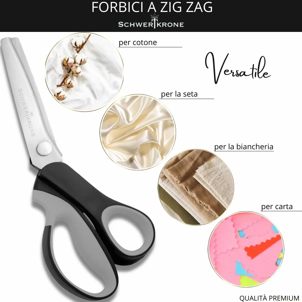SCHWERTKRONE Forbici a Zig Zag per Tessuto Premium 23 cm - Acciaio Inox, Manici Ergonomici - Versatili per Bricolage e Tessuti - Forbice Sartoriale