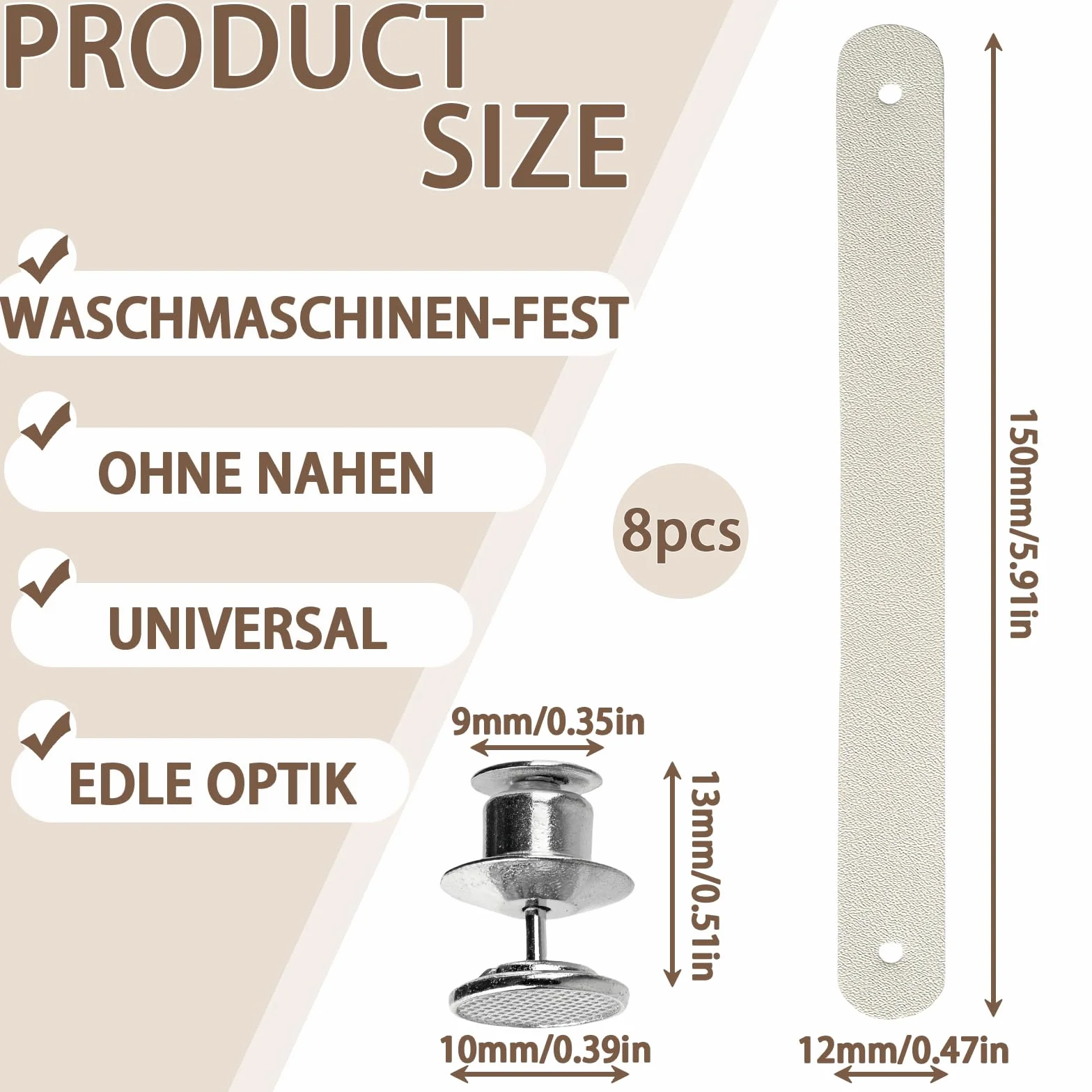 Ganci per Tessuti Senza Cuciture 8 Pezzi 15x1.2cm Pelle PU Chiusura a Bottone Ganci Asciugamani Beige