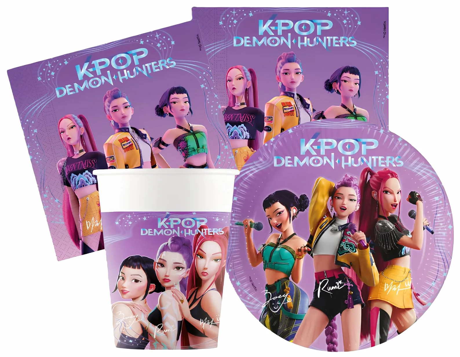 Kit Compleanno Tavola K-Pop Demon Hunters 16 persone (52 pezzi: 16 piatti 18cm, 16 bicchieri 200ml, 20 tovaglioli) in carta