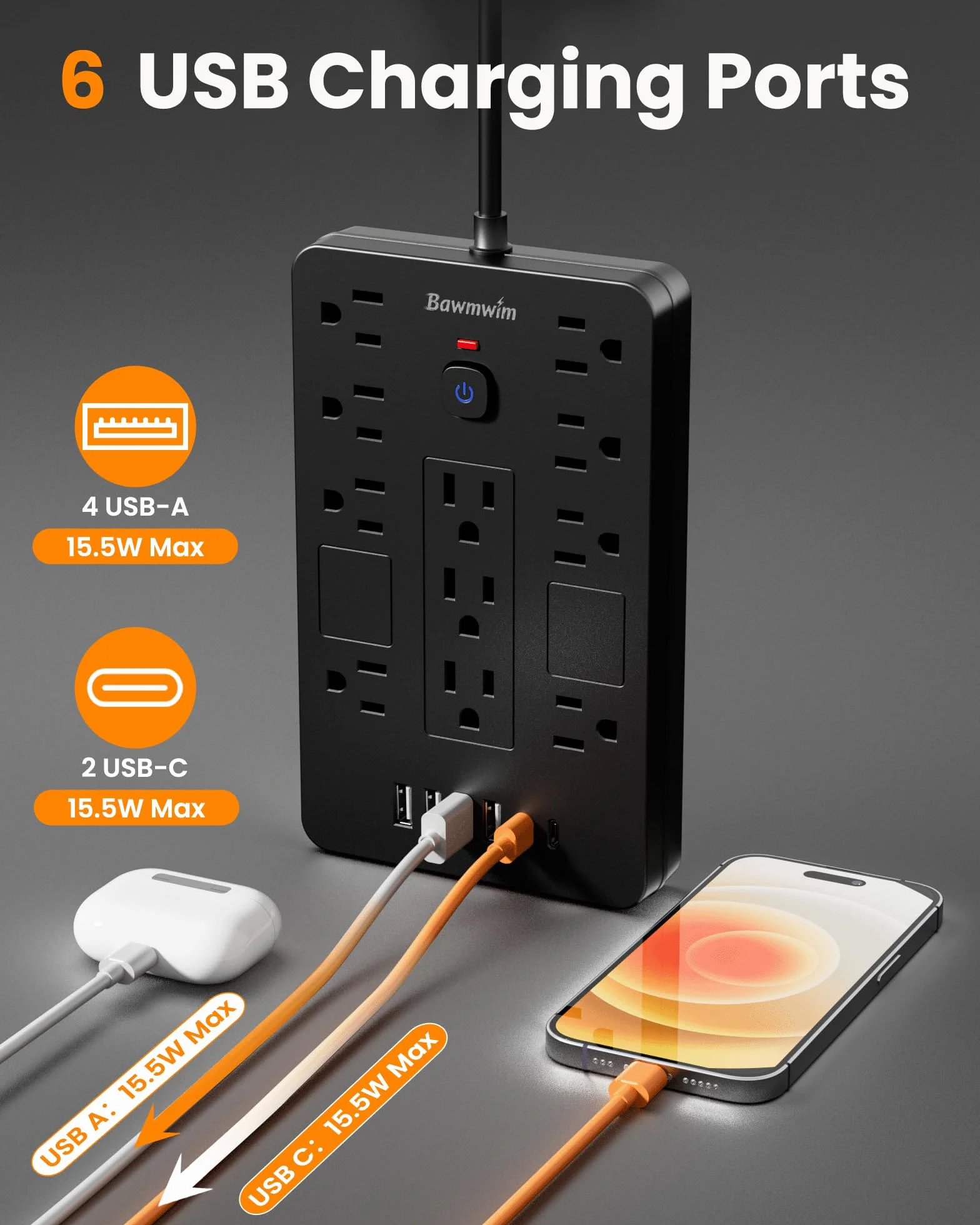Ciabatta con protezione contro le sovratensioni, 11 prese (1850 W/15 A) con 6 porte USB (2 USB C), cavo di prolunga piatto da 1,8 m, montaggio a parete, nero