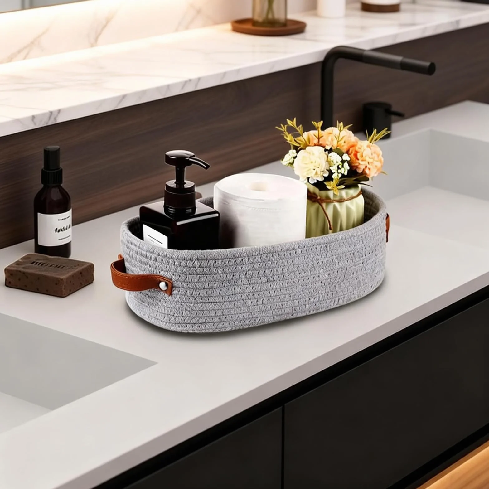 Organizer Bagno Portaoggetti Cestino Corda Cotone 35x15x10 cm Grigio