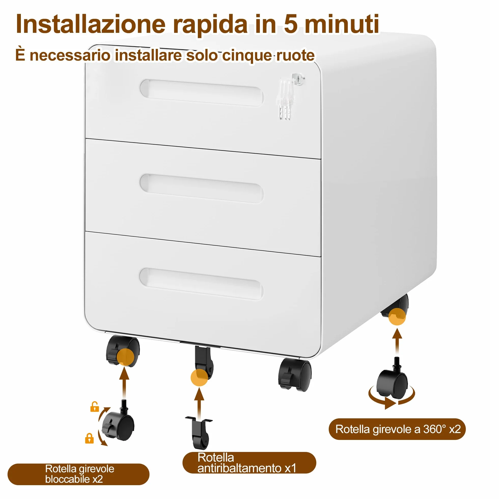 Cassettiera Scrivania Mobile in Acciaio con Serratura 3 Cassetti 46x40x50 cm Bianco