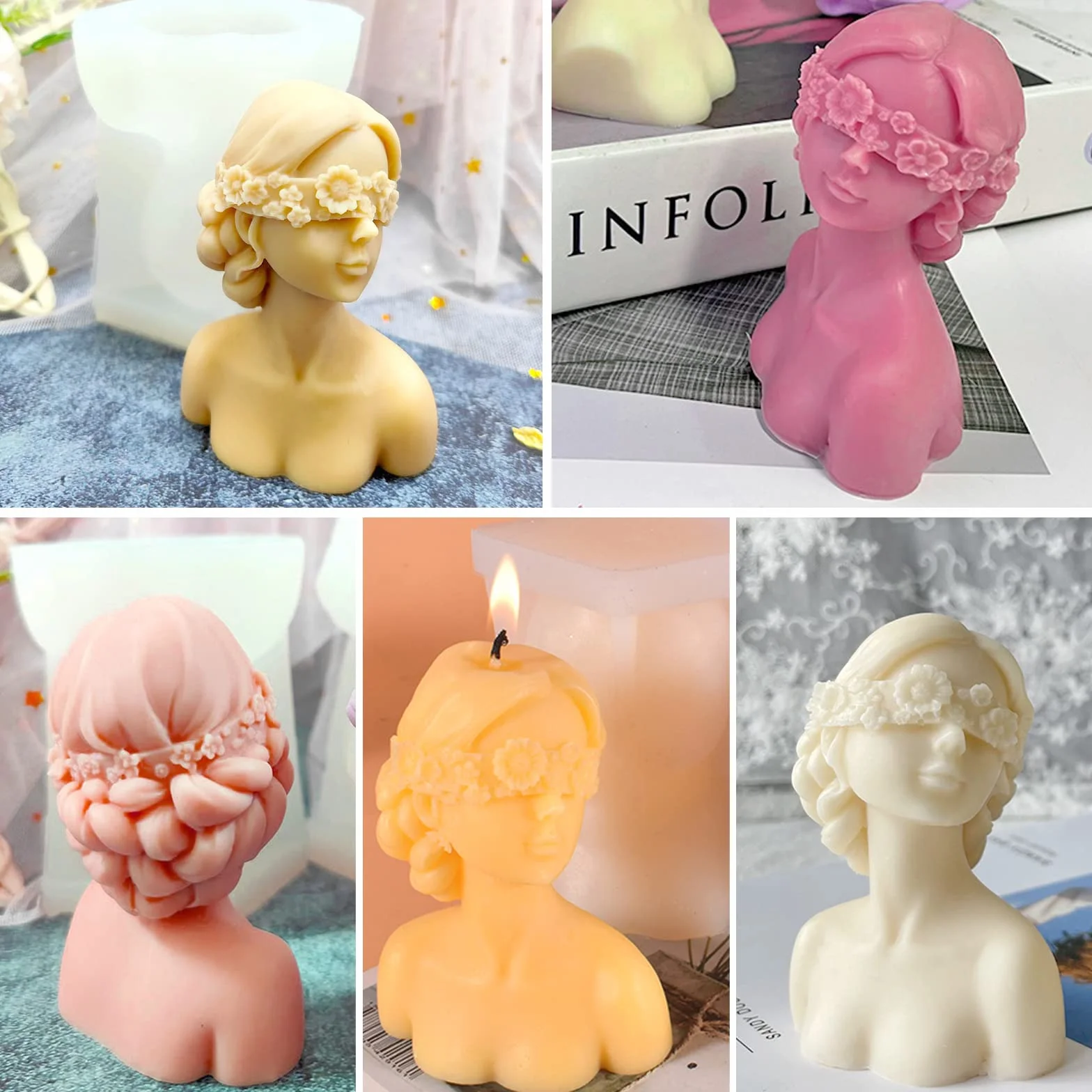 HENGBIRD Stampo per candele in silicone 3D a forma di donna con occhi chiusi, per realizzare candele profumate bianco (B)