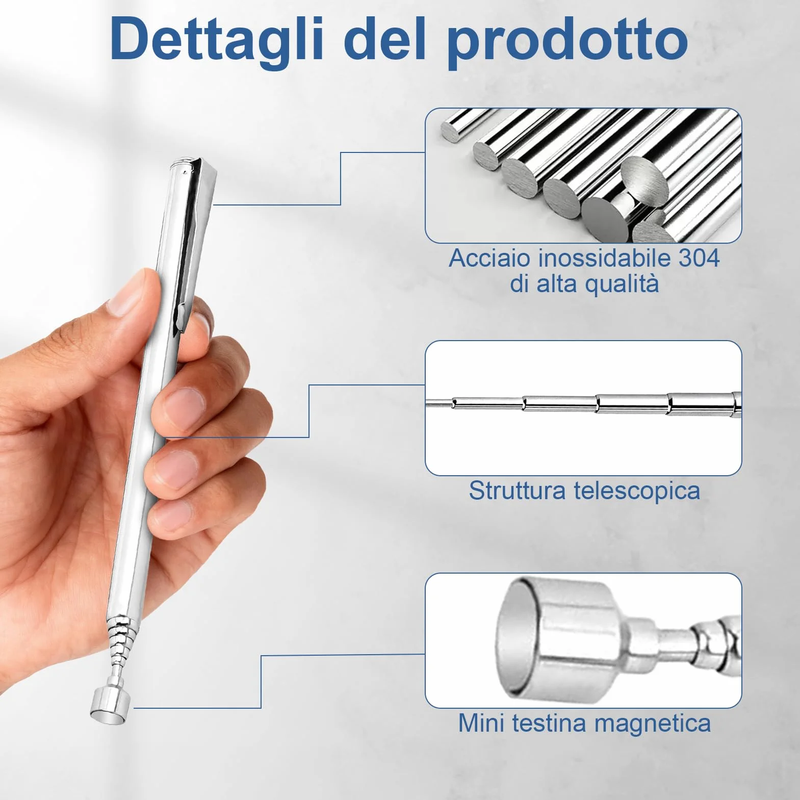3 magneti telescopici in acciaio inox, estensibili fino a 64 cm, asta telescopica magnetica per bulloni, dadi, viti, parti metalliche