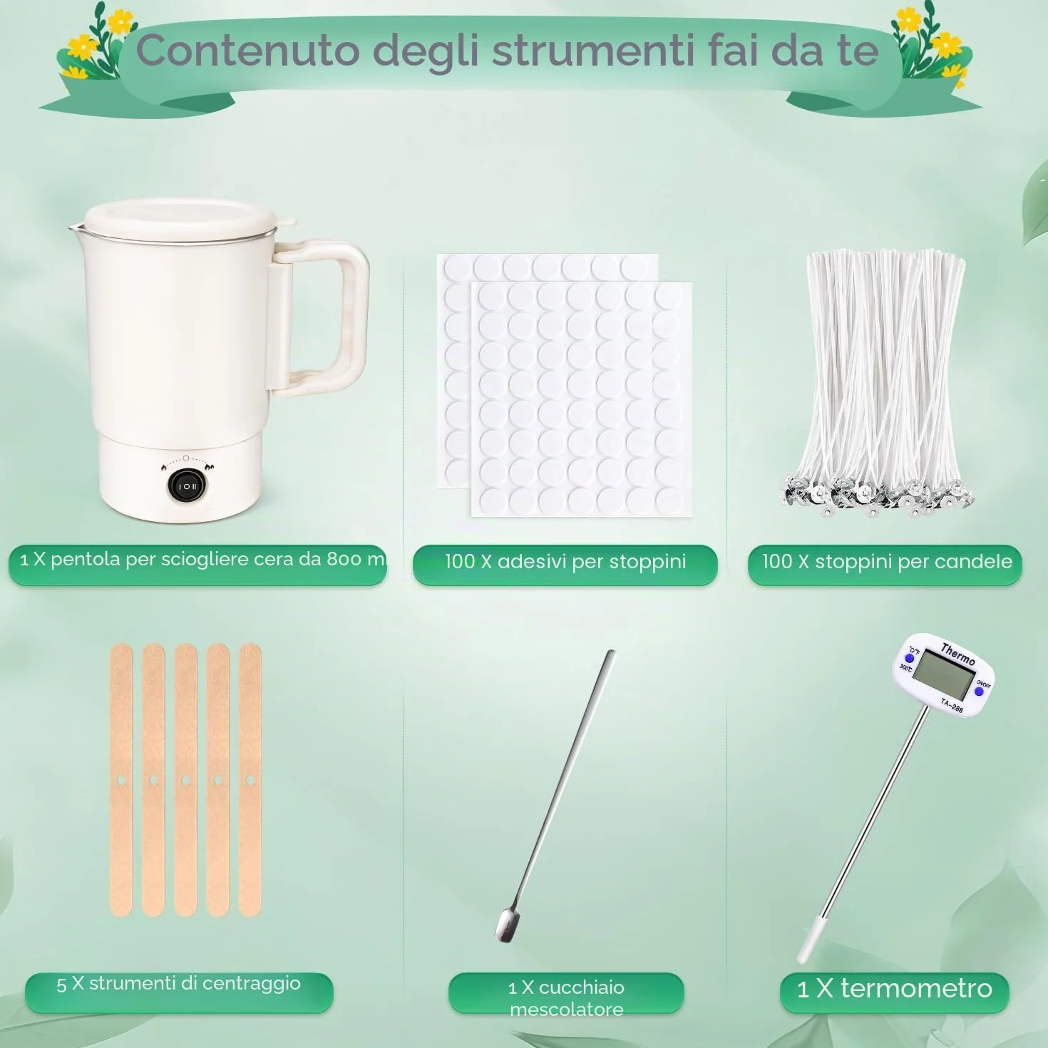 Spoyletto Fusciera elettrica per la produzione di candele, candele fai da te, set di accessori con pentola per fusione di cera, termometro, stoppino per candele, stoppino e cucchiaio per mescolare