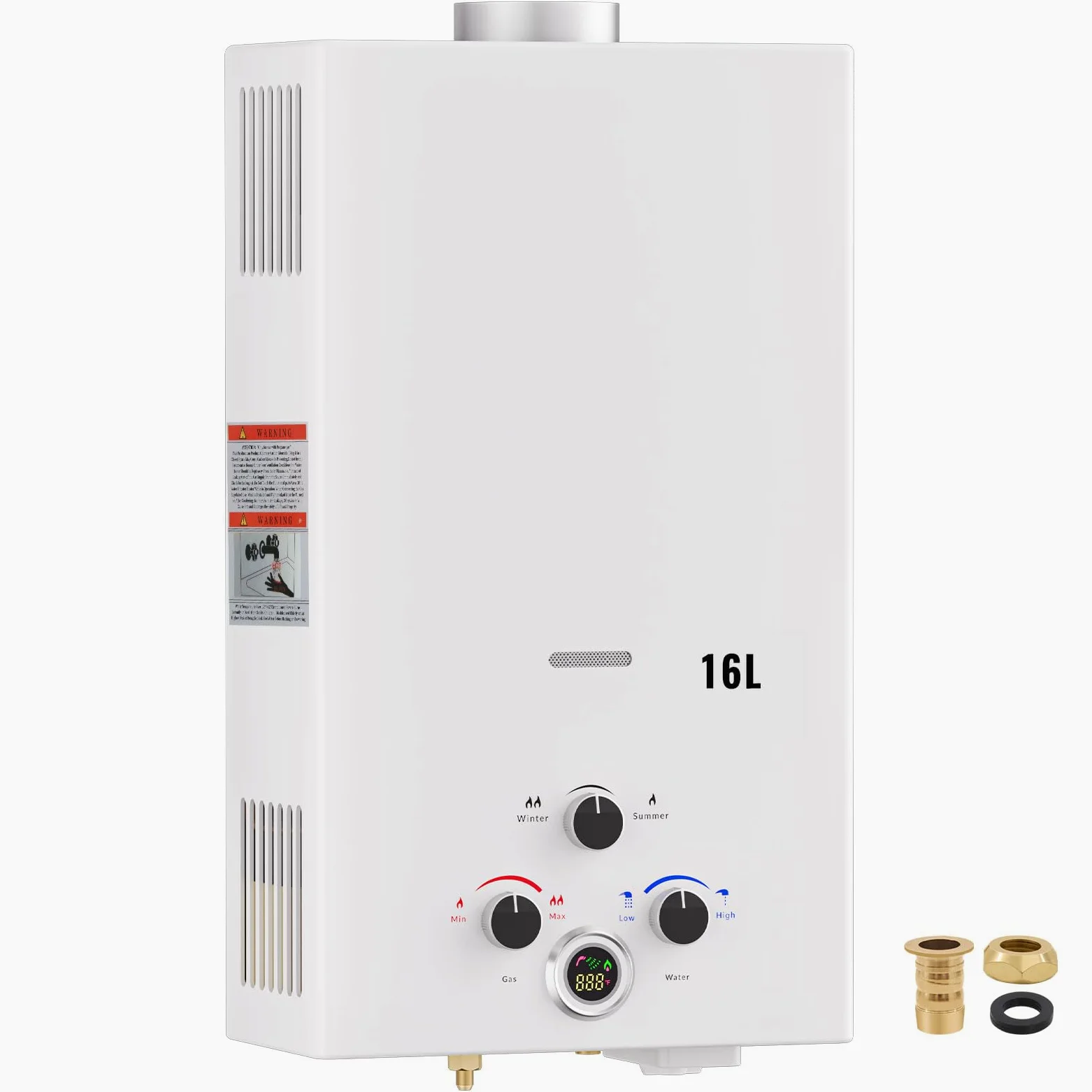 Scaldabagno a Gas GPL 16L Istantaneo Portatile da Esterno Senza Serbatoio, Montaggio a Parete. Modalità inverno/estate, Display Digitale, Molteplici Dispositivi di Sicurezza, Classe Energetica A