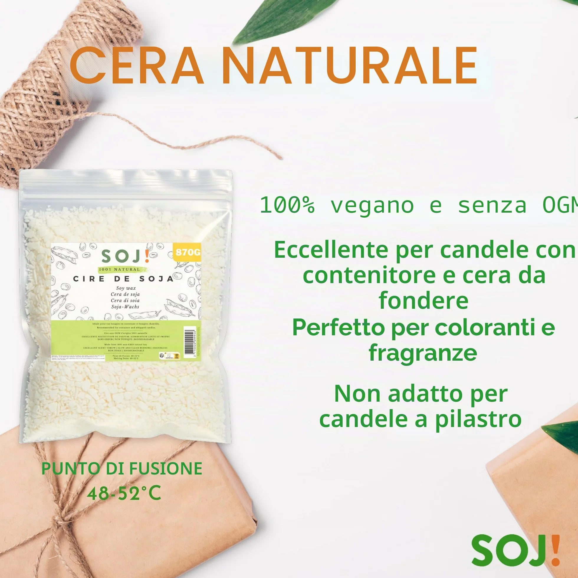 Soj! - Cera per candele - Cera di soia vegetale per la creazione/DIY di candele, riempimento candele | Qualità superiore | 1KG (870G - Fiocchi)