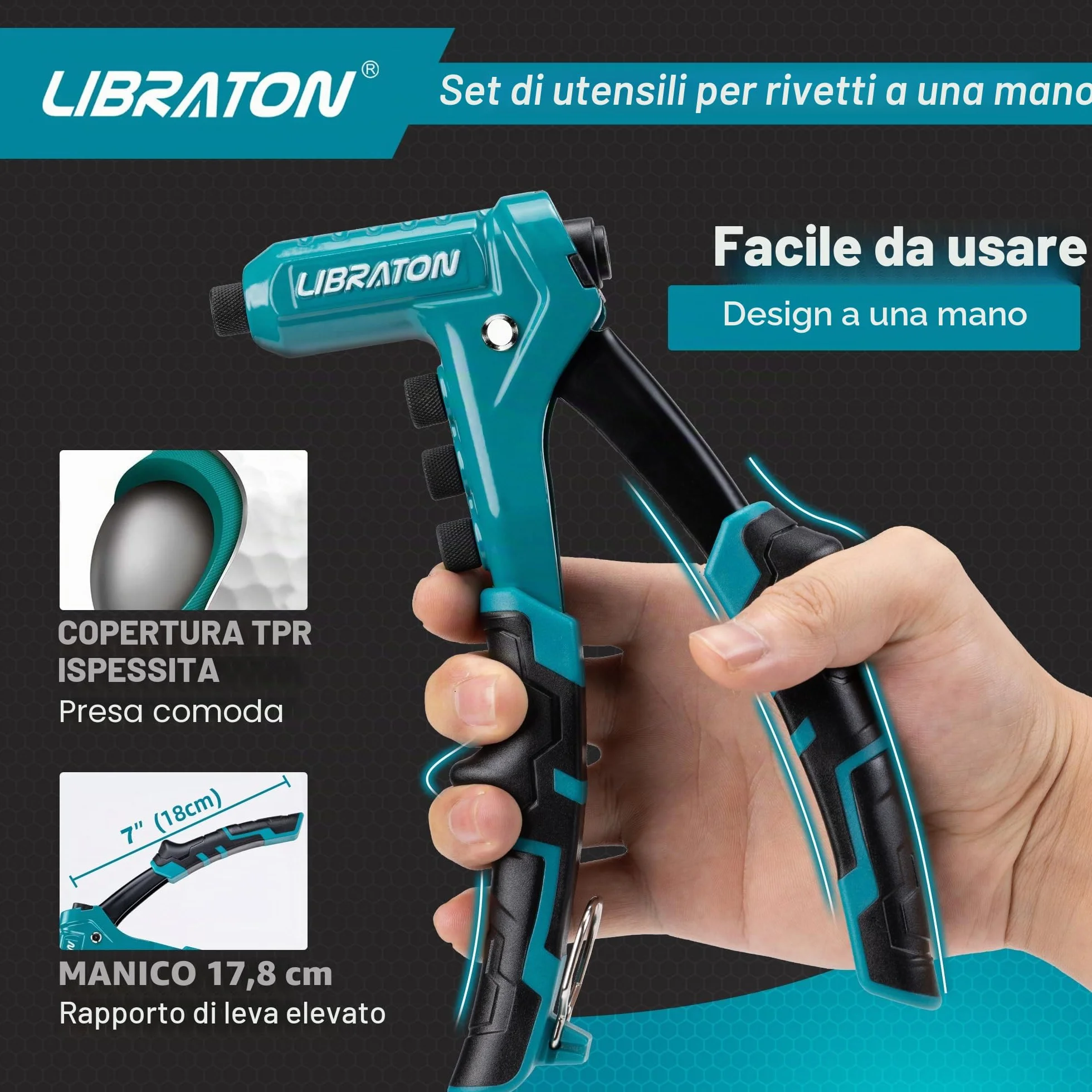 LIBRATON Rivettatrice Manuale Professionale con 200 Rivetti in Alluminio 4 Punte 4 Teste 2,4-4,8mm