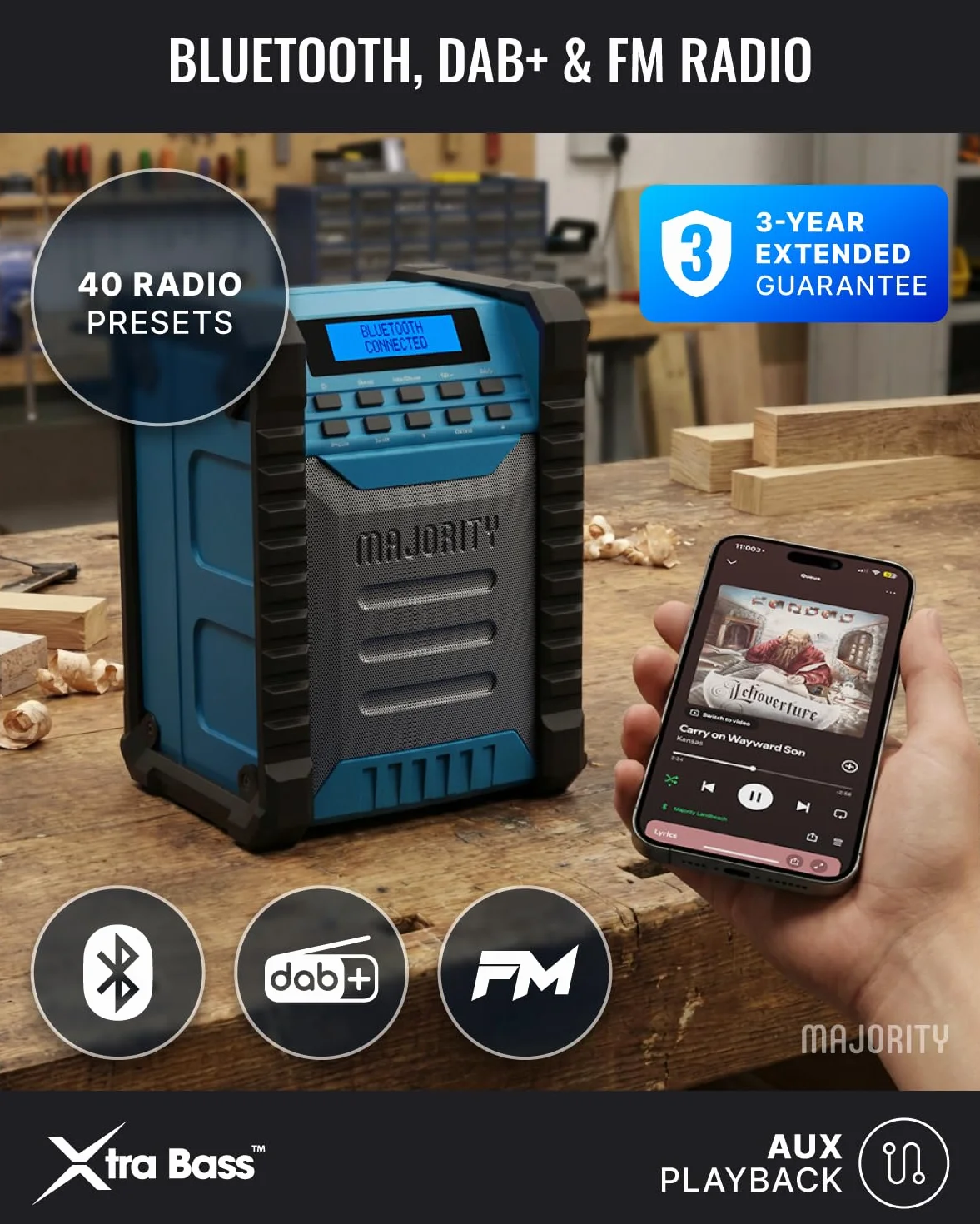 MAJORITY Landbeach radio da cantiere portatile | Batteria da 10.000 mAh DAB/DAB+ & FM radio ricaricabile con Bluetooth | Grado di protezione IP54 contro polvere e acqua.