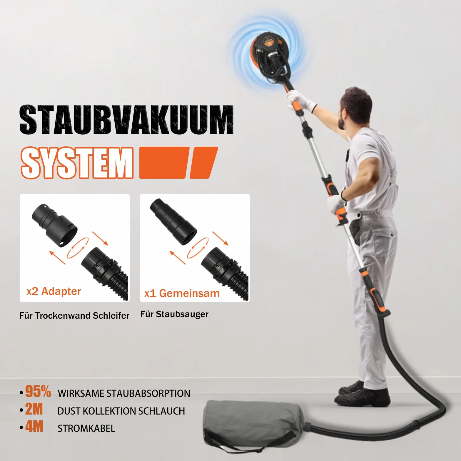 Levigatrice da parete e soffitto, 750 W, velocità massima 1800 giri/min, levigatrice a parete con LED e manico telescopico, levigatura 215 mm, borsa di estrazione, manico pieghevole, testa