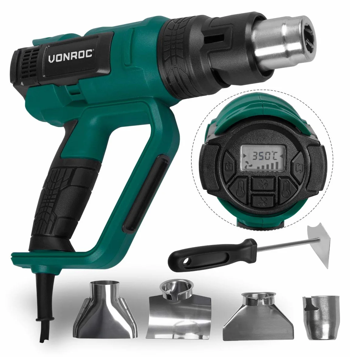 VONROC Pistola ad aria calda 2000W, Sverniciatore Professionale. Include 4 ugelli e un raschietto. Dotata di 60 impostazioni di calore, 5 velocità e funzione di memoria. Schermo LCD