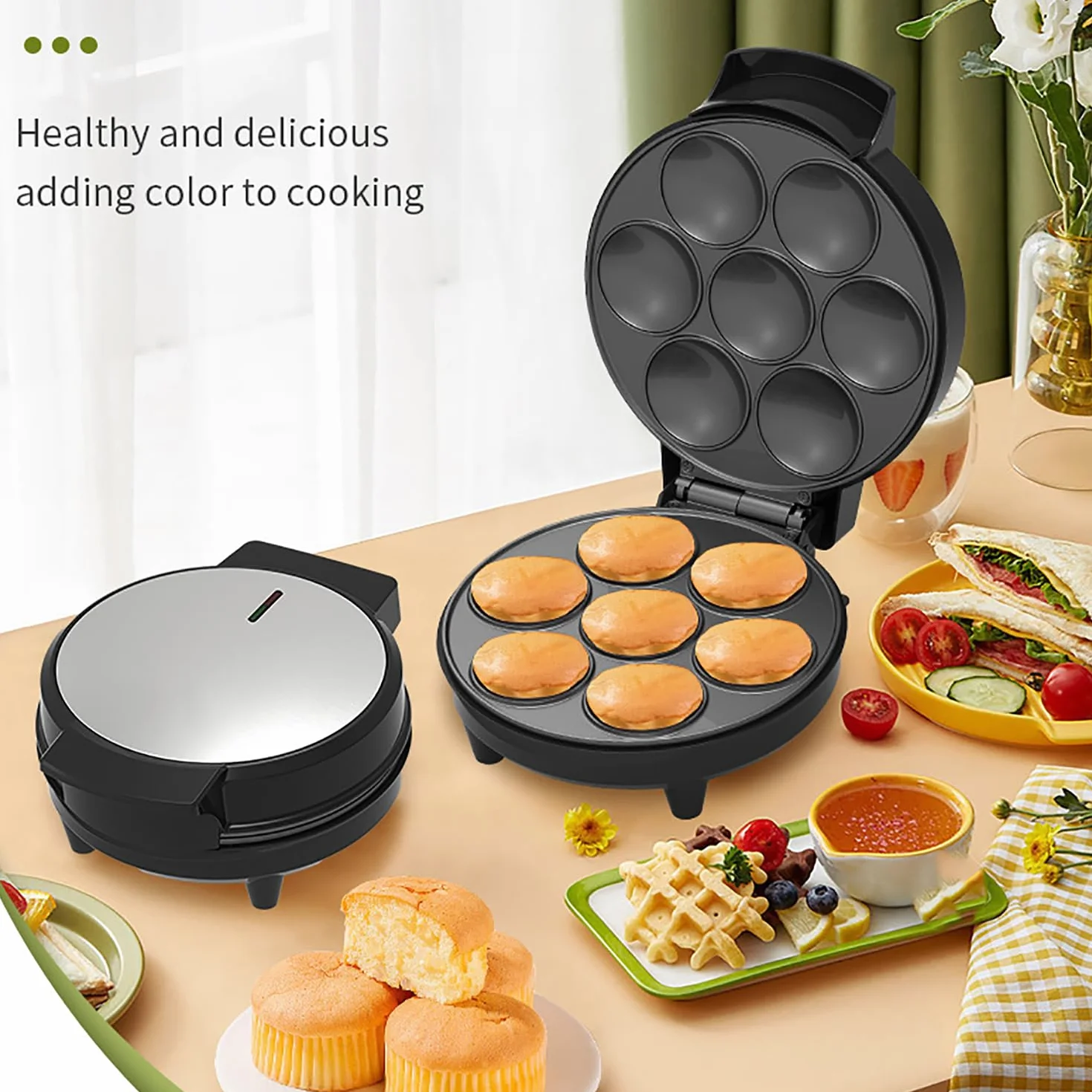 Macchina per cupcake elettrica, macchina per torte con rivestimento antiaderente da 1000 W, riscaldamento su entrambi i lati per 7 cupcake, adatta per cotture di compleanni, snack e dessert