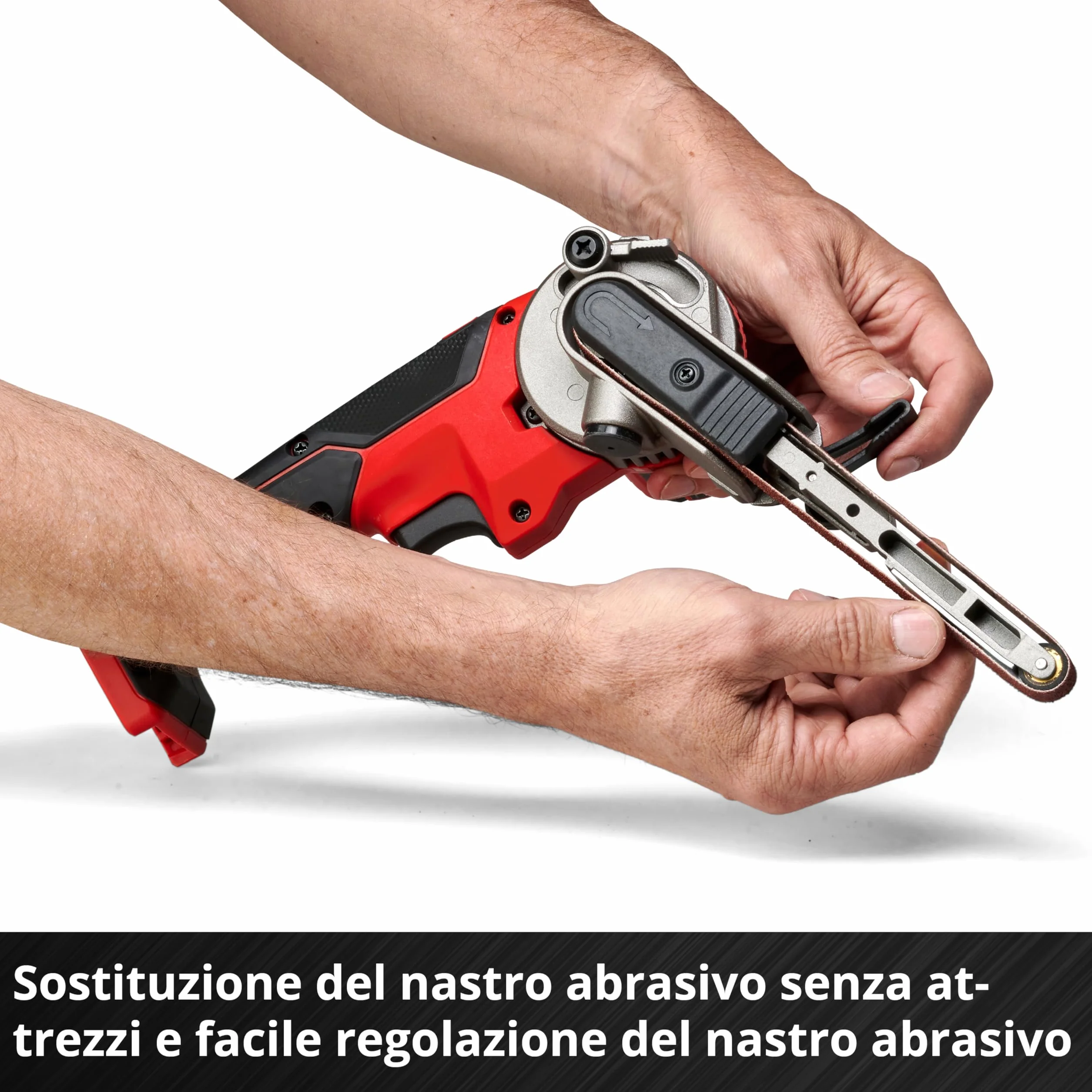 Lima a nastro a batterie Einhell TE-BF 18 Li-Solo Power X-Change (18 V, velocità fino a 1.700 m/min, 2 bracci abrasivi 9 mm e 13 mm, incl. 12 pz. nastri abrasivi, senza batteria)