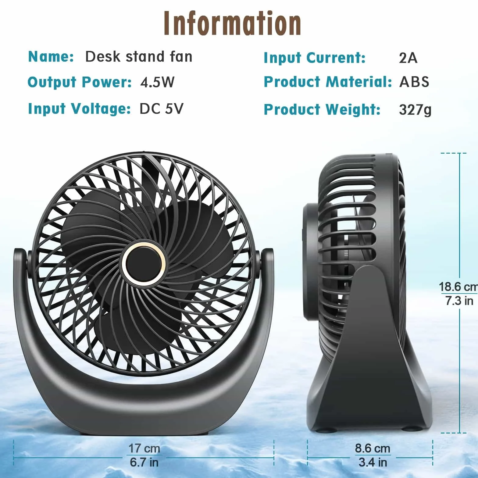 Ventilatore USB Portatile 4000 mAh Ricaricabile 5 Velocità 360° Angolo Regolabile