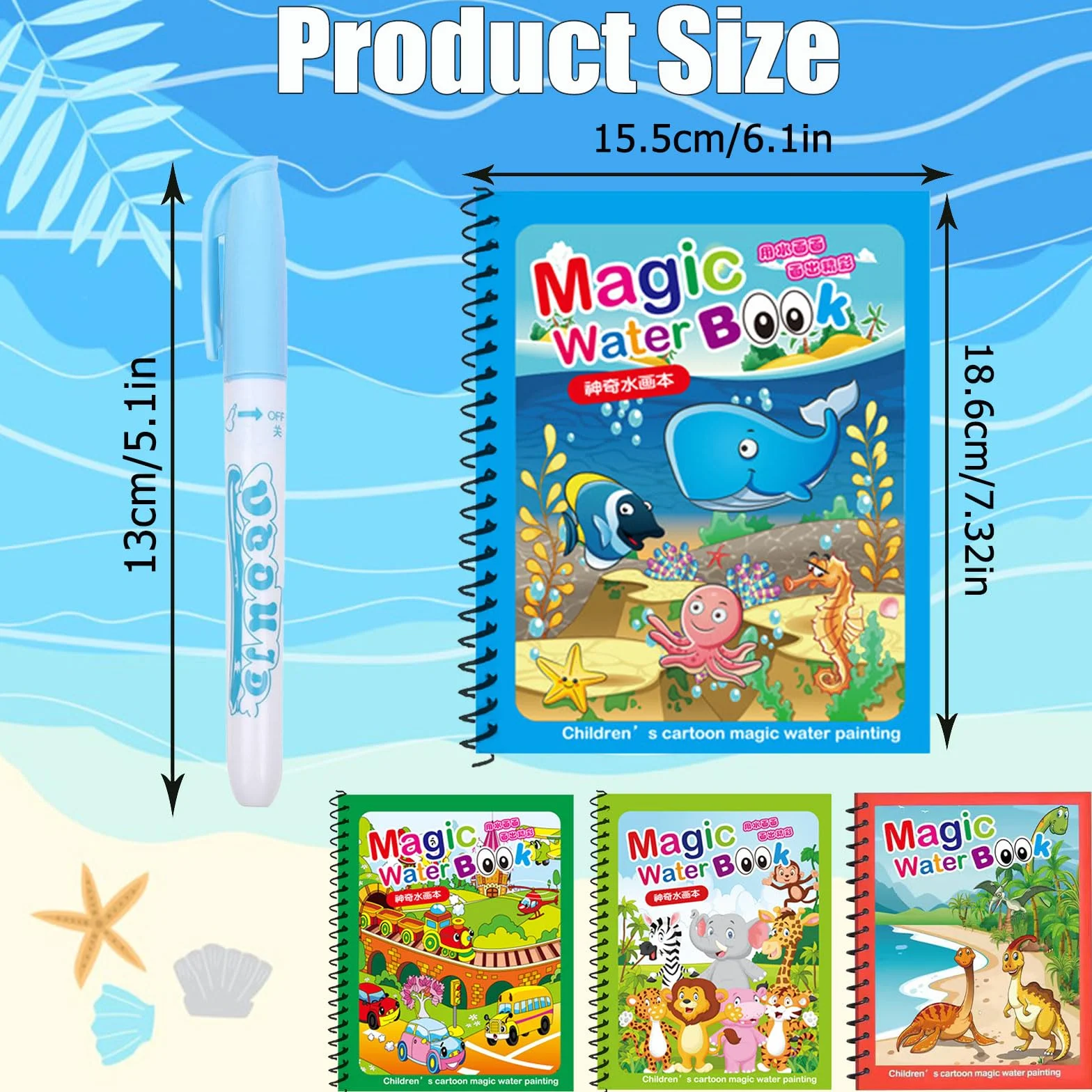 4 Pezzi Libro Magico ad con Acqua da Colorare, Magic Water Drawing Book, Libro di Pittura ad Acqua per Bambini, Water Book da Disegno, Per Bambini Dai 3 Anni