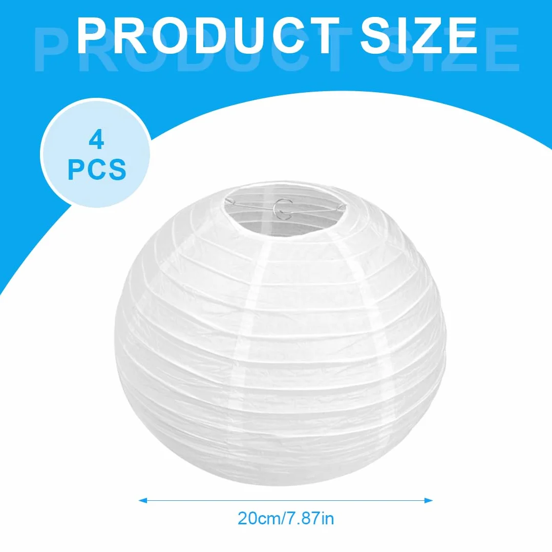 4 pezzi Lanterne Cinesi, 20cm Lanterna di carta Rotonde, White Lanterne di carta da Appendere Decorazione per Decorazioni Domestiche, Feste e Matrimoni, Con cavo decorativo di 60 m