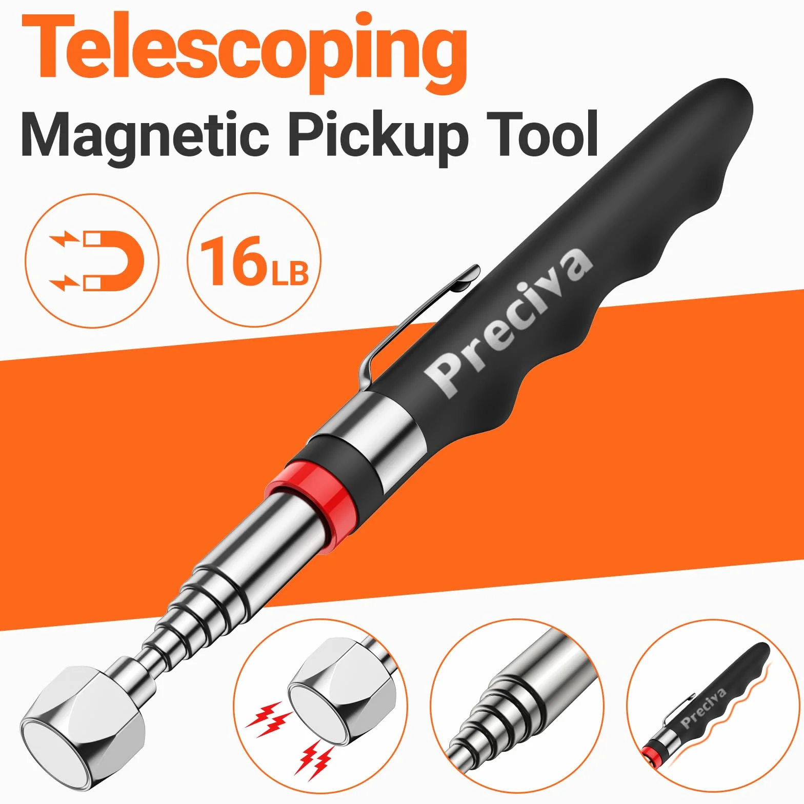 Spazzatrici Magnetiche Preciva，Set di 3 pezzi sollevatore telescopico flessibile a LED, strumento di raccolta magnetico portatile, magnetico potente, strumenti meccanici da uomo