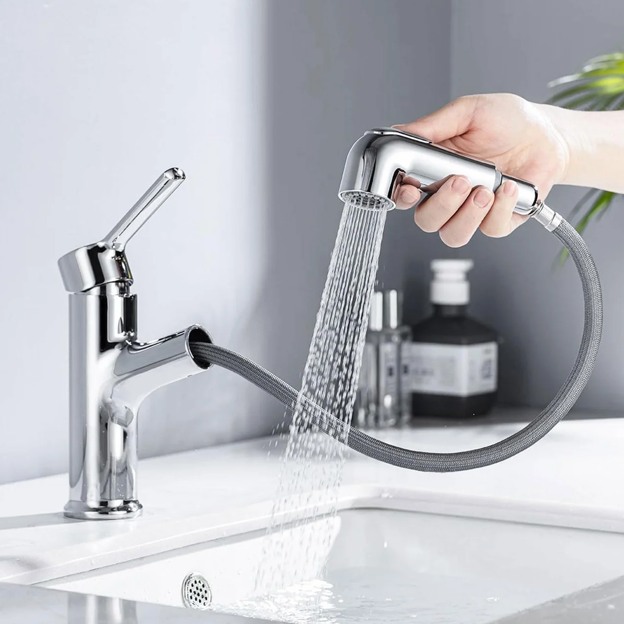 ONECE Rubinetto Bagno Lavabo con Doccetta Estraibile, 2 Modalità Getto, Miscelatore Monocomando in Ottone Cromato, Aeratore Rimovibile, Rubinetti Acqua Calda e Fredda