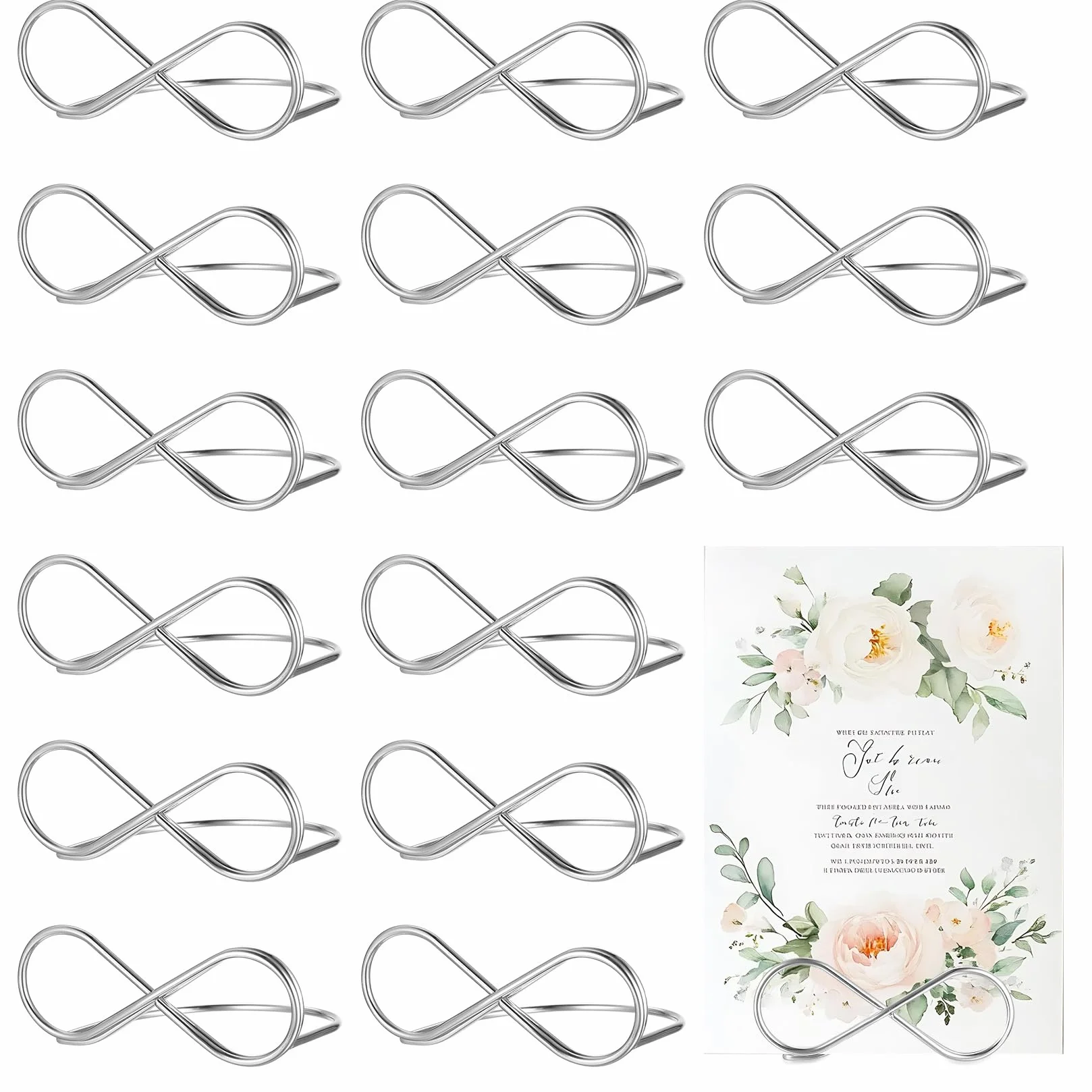 16 Pz Argento Porta Segnaposto Matrimonio, Portafoto Segnaposto Tavolo, Porta Foto Metallo a Forma di 8, Porta Numeri da Tavolo Matrimonio, Supporto per Numero Tavolo Feste di Compleanno di Comunione