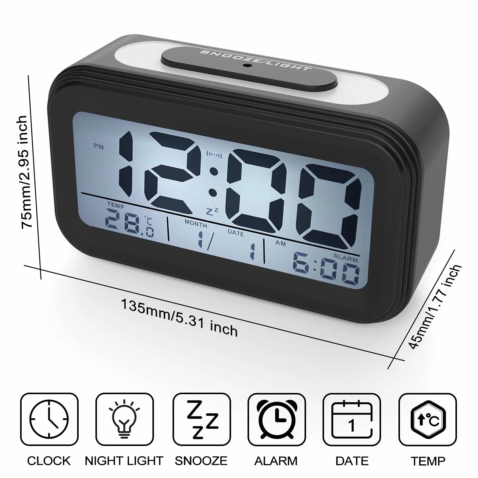 Coolzon Sveglia Digitale LCD Schermo Silenziosa Batteria Data Temperatura Snooze Luce Notturna Allarme Forte Nero